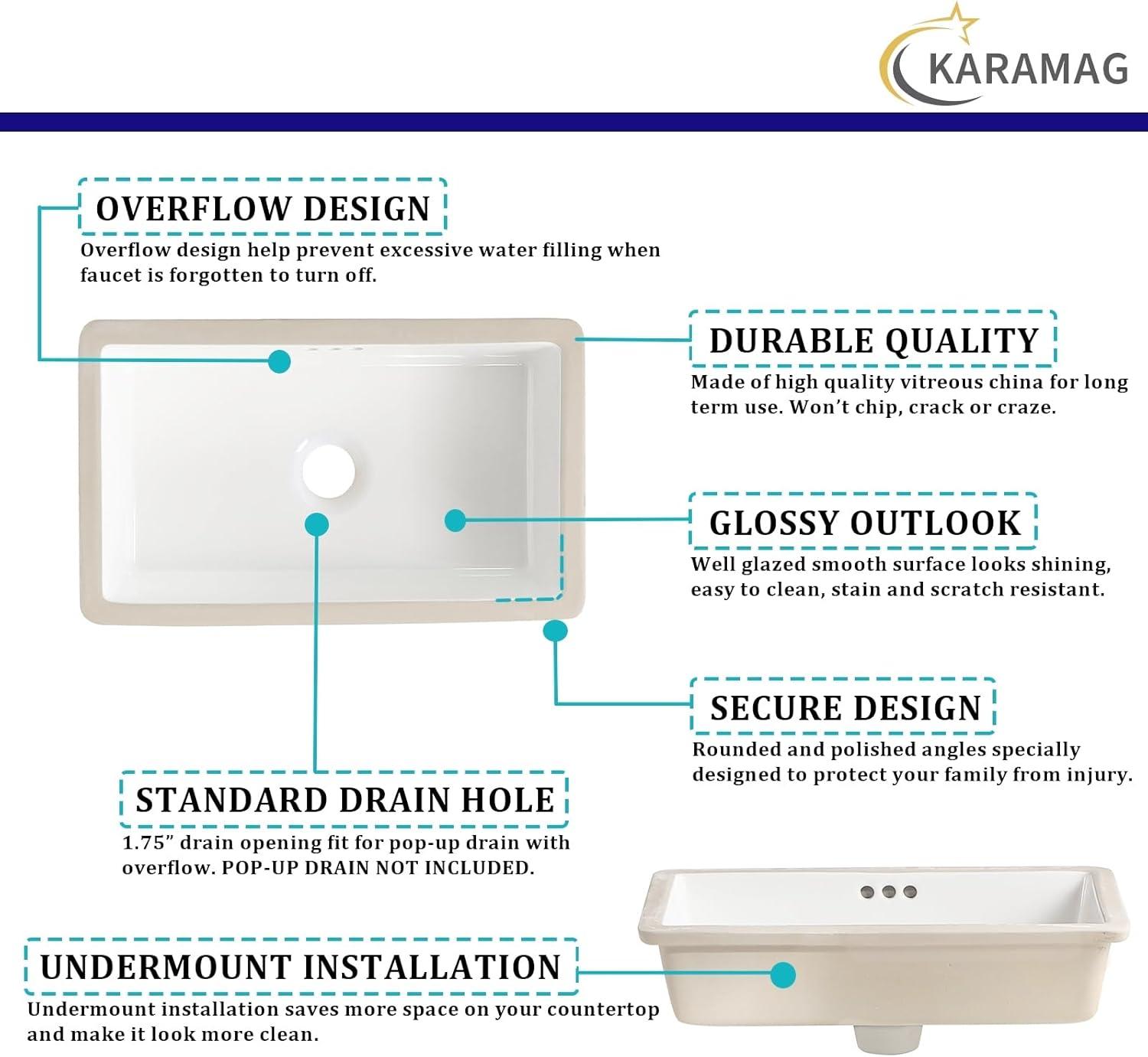 22" x 16" Undermount Bathroom Sink White Ceramic Bathroom Sink Rectangular Undermount Sink