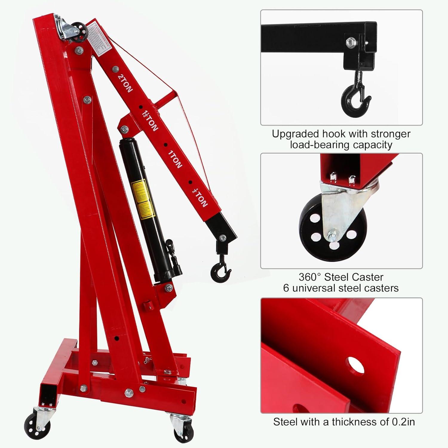 2 Ton Folding Engine Crane Engine Hoist Cherry Picker Ship Crane Heavy Duty Steel Lift Garage Workshop Auto Repair Foldable Stand 6 Caster