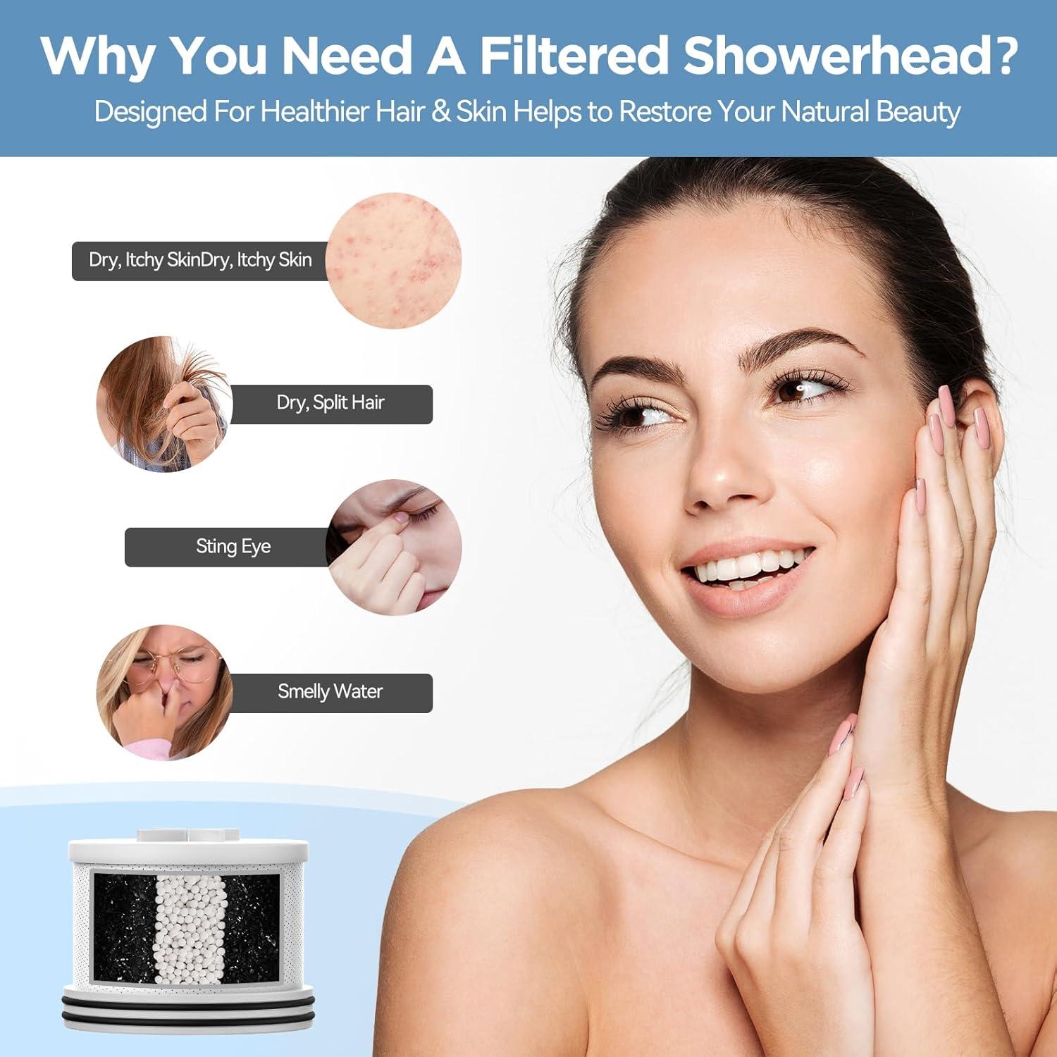 Filtered Shower Head with Upgraded Activated Carbon Filter - High Pressure Shower Head with Hard Water Softener - 7 Settings Bathroom Rain Showerhead to Remove Chlorine and Heavy Metals