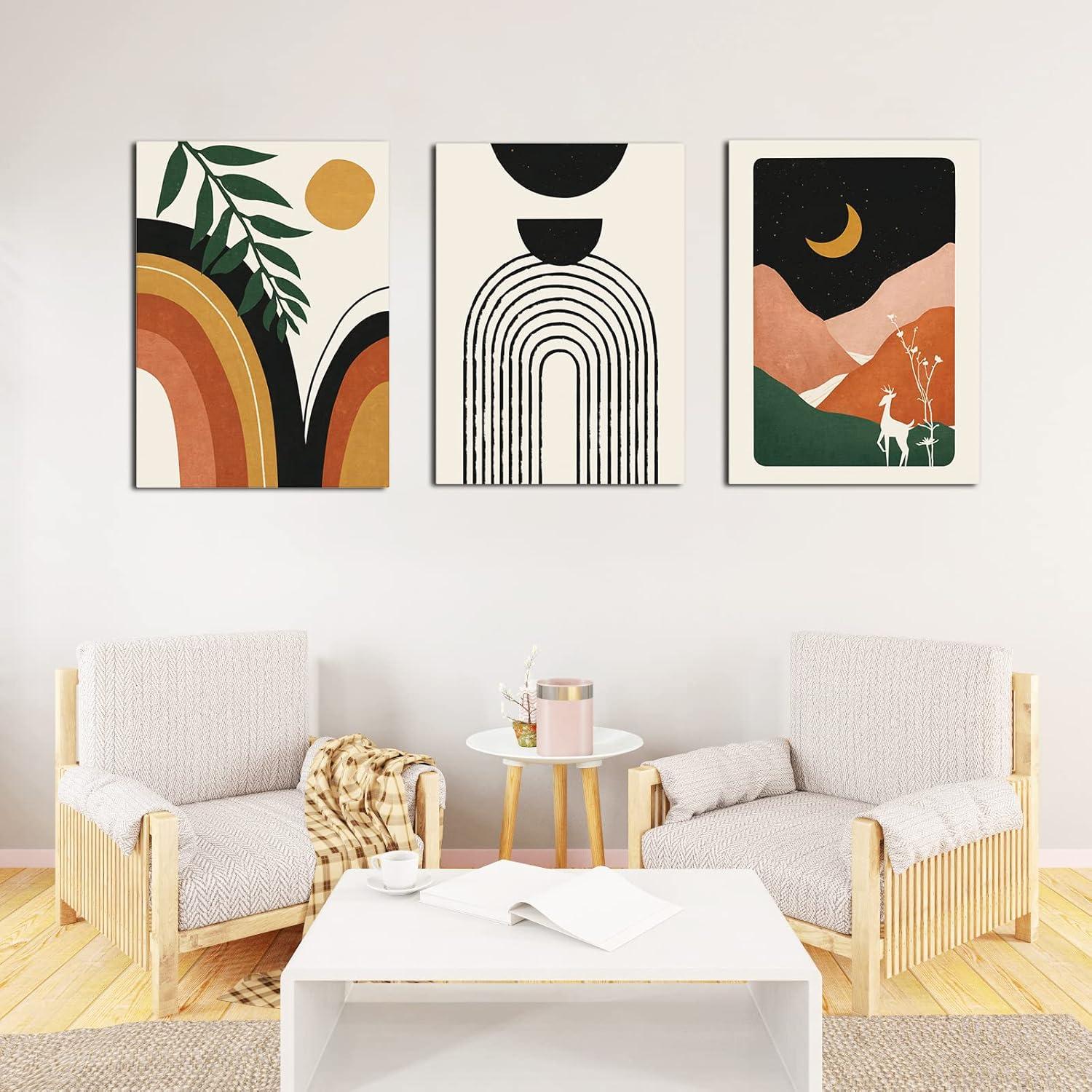 Framed Boho Wall Art Set of 3, Mid Century Modern Wall Decor, Minimalist Black Beige Neutral Abstract Geometric Wall Decor Canvas Prints Ready To Hang for Living Room Wall Decor 12x16in