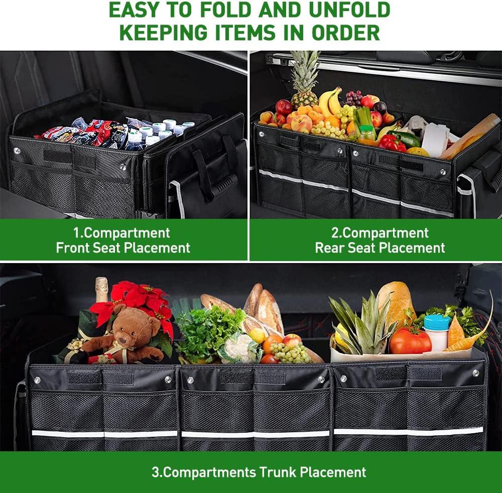 Car Trunk Organizer,115L Heavy Duty Collapsible Trunk Storage, with Insulated Leakproof Cooler Bag Vehicle Cargo Organizer with Lid, 3 Compartments, Straps For Car,Suv,Jeep,Sedan-Black