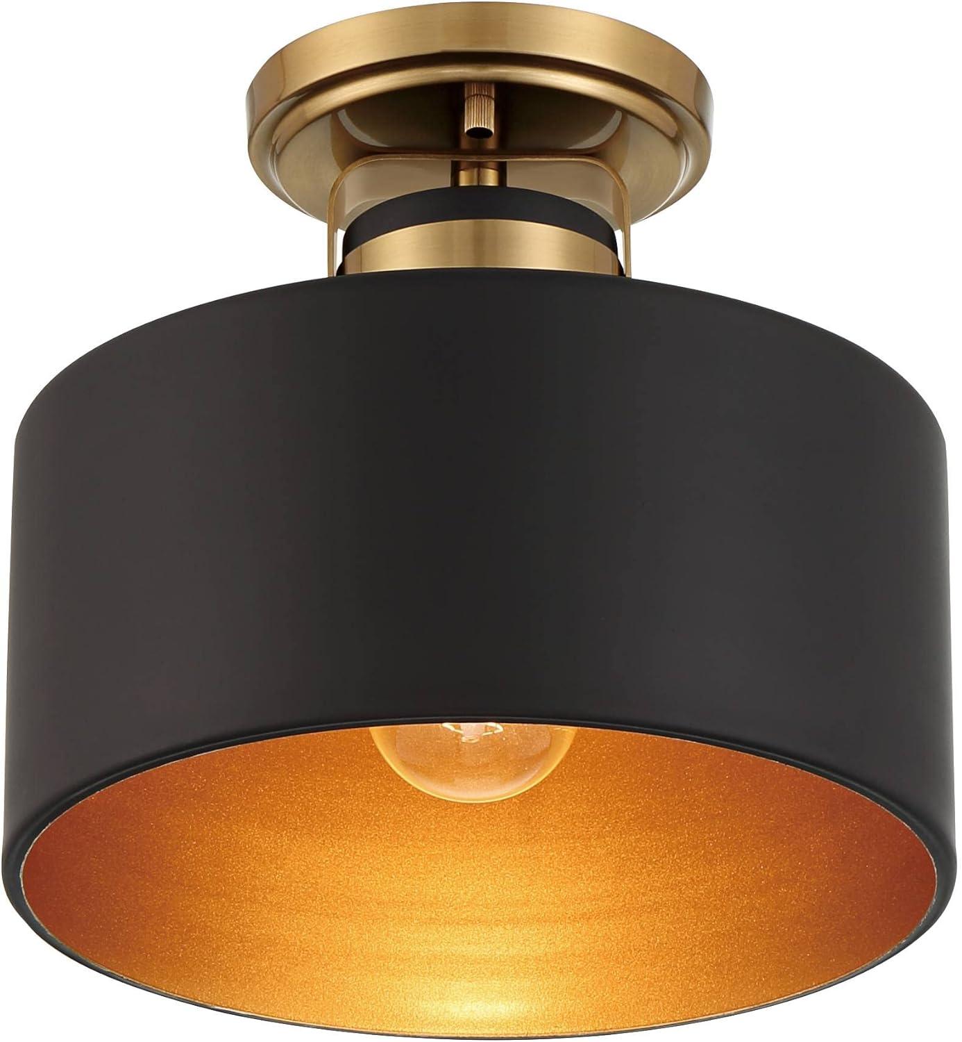 Possini Euro Design Modern Ceiling Light Semi Flush Mount Fixture 10" Wide Soft Gold Metal Black Drum Shade for Bedroom Kitchen