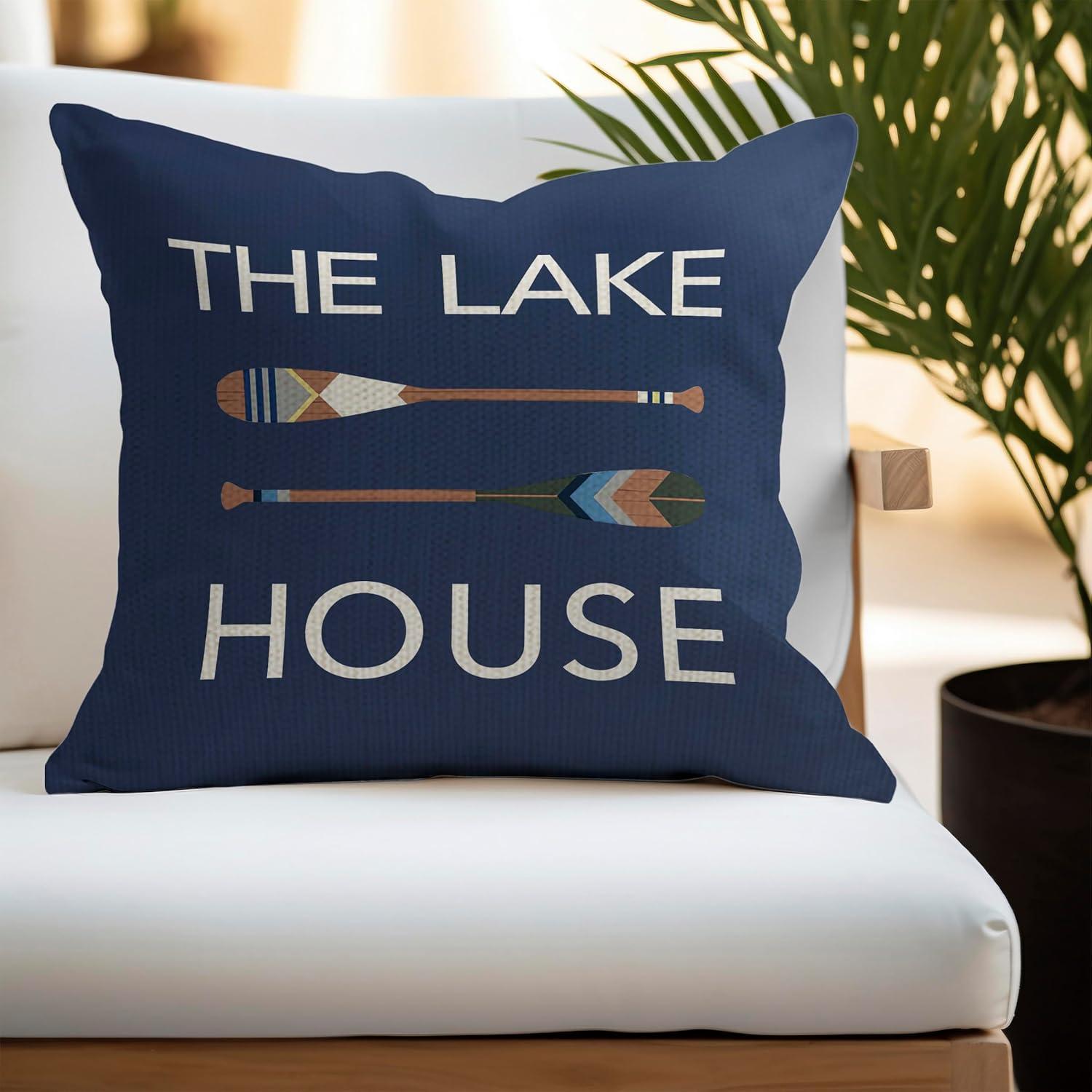 The Lake House Lake Throw Pillow Case, 18 x 18 Inch Set of 4, Lake Paddle Decor, Lake House Rules Decor, Lake House Decor, Lake House Room Decor Pillows Cover for Sofa Couch Bed (Blue)