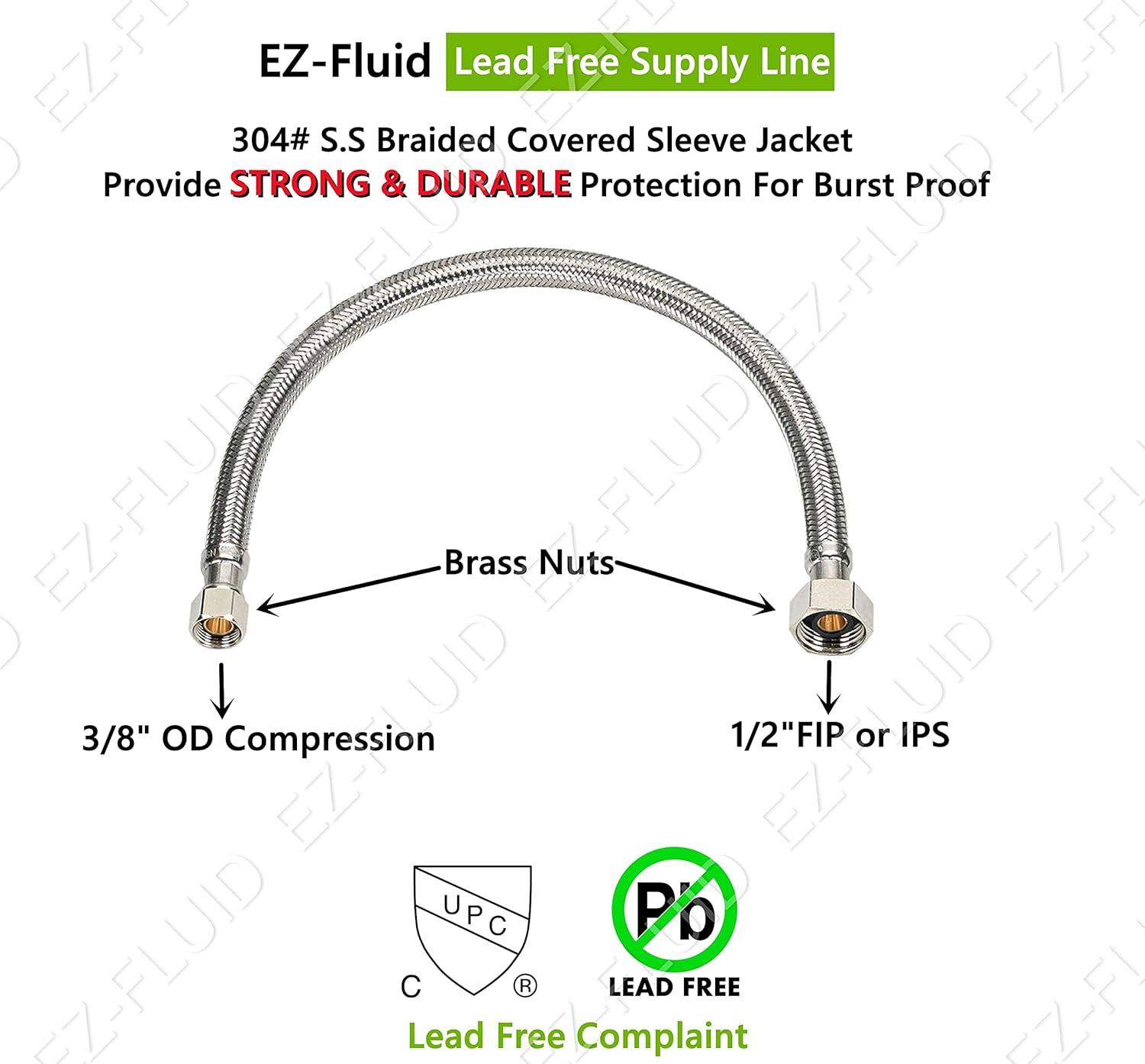 EZ-Fluid Plumbing 30" x 1/2" Fip x 3/8" Comp S.S Braided Flexible Water Hoses Connectors,Faucet Supply Line,Faucet Water Supply Hose Connector Lines For Bathroom,Kitchen,Outdoor Sink Faucets(1)