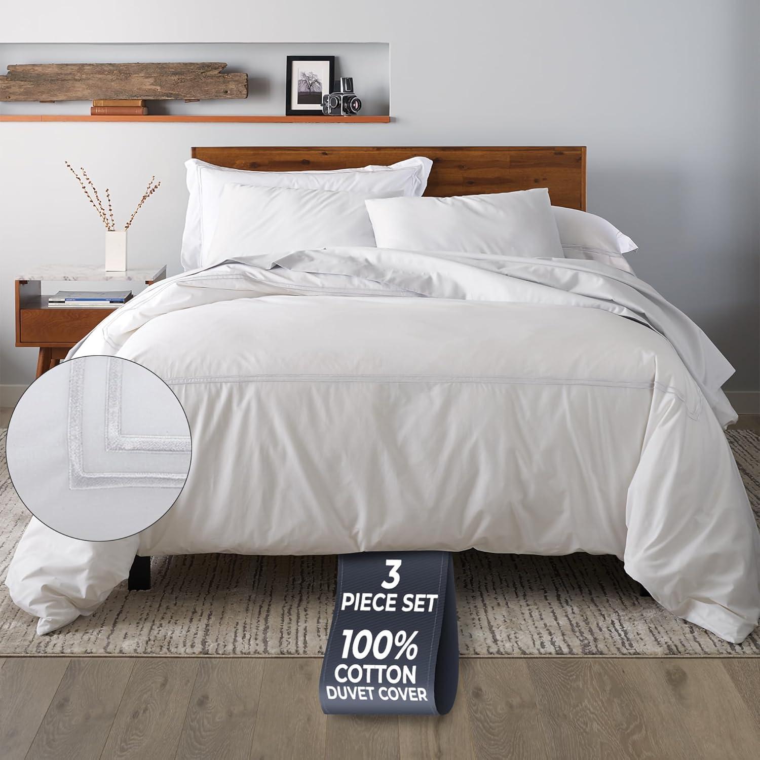 Ella Jayne Home Ella Jayne Cotton Duvet Cover with Satin Satin Stitching 3-Piece Set, White with White Satin Stitching