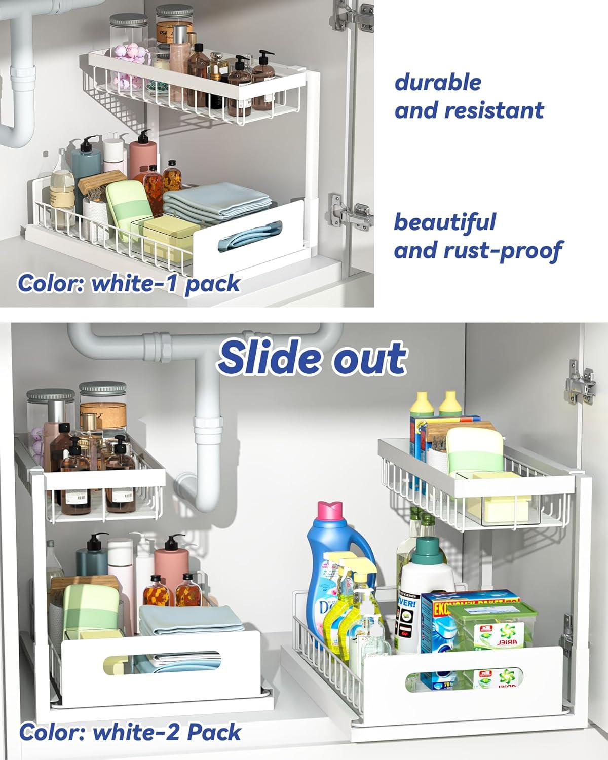 Under Sink Organizers, 2 Pack Metal Pull Out Under Sink Organizers and Storage Shelves with Sliding Drawer, Under Sink Storage for Kitchen, Bathroom, White, 2 Pack…