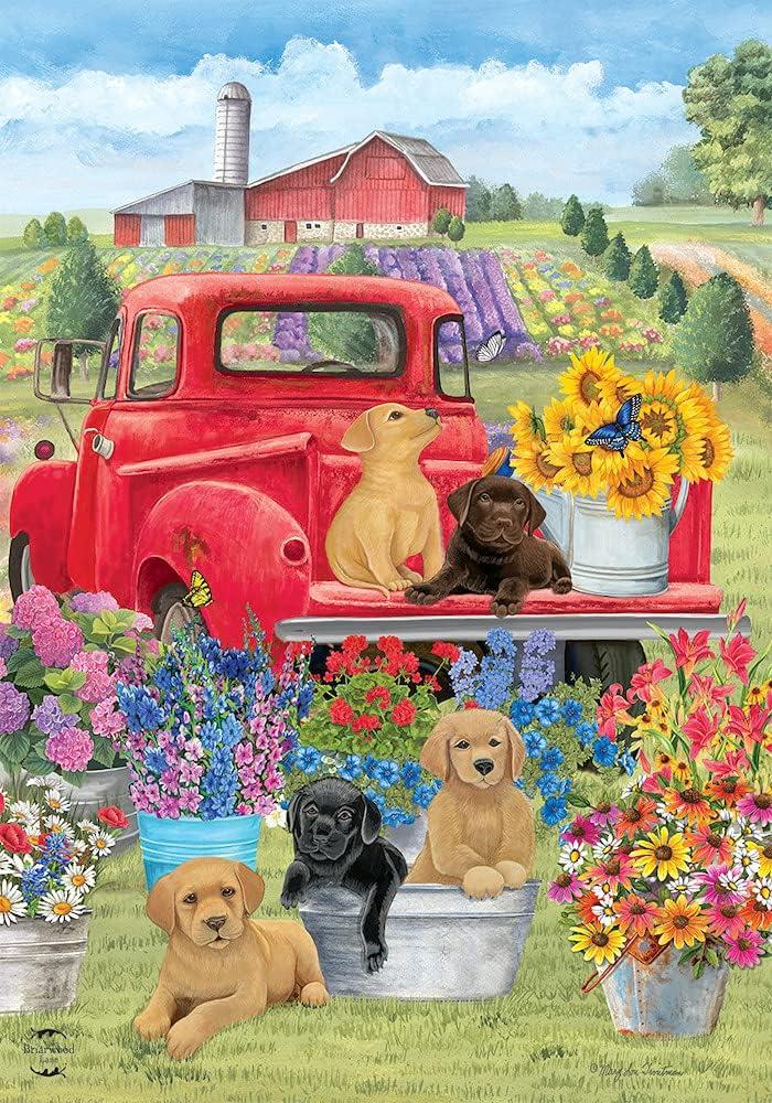 Spring Day Puppies House Flag Red Pickup Truck Floral 28" x 40" Briarwood Lane