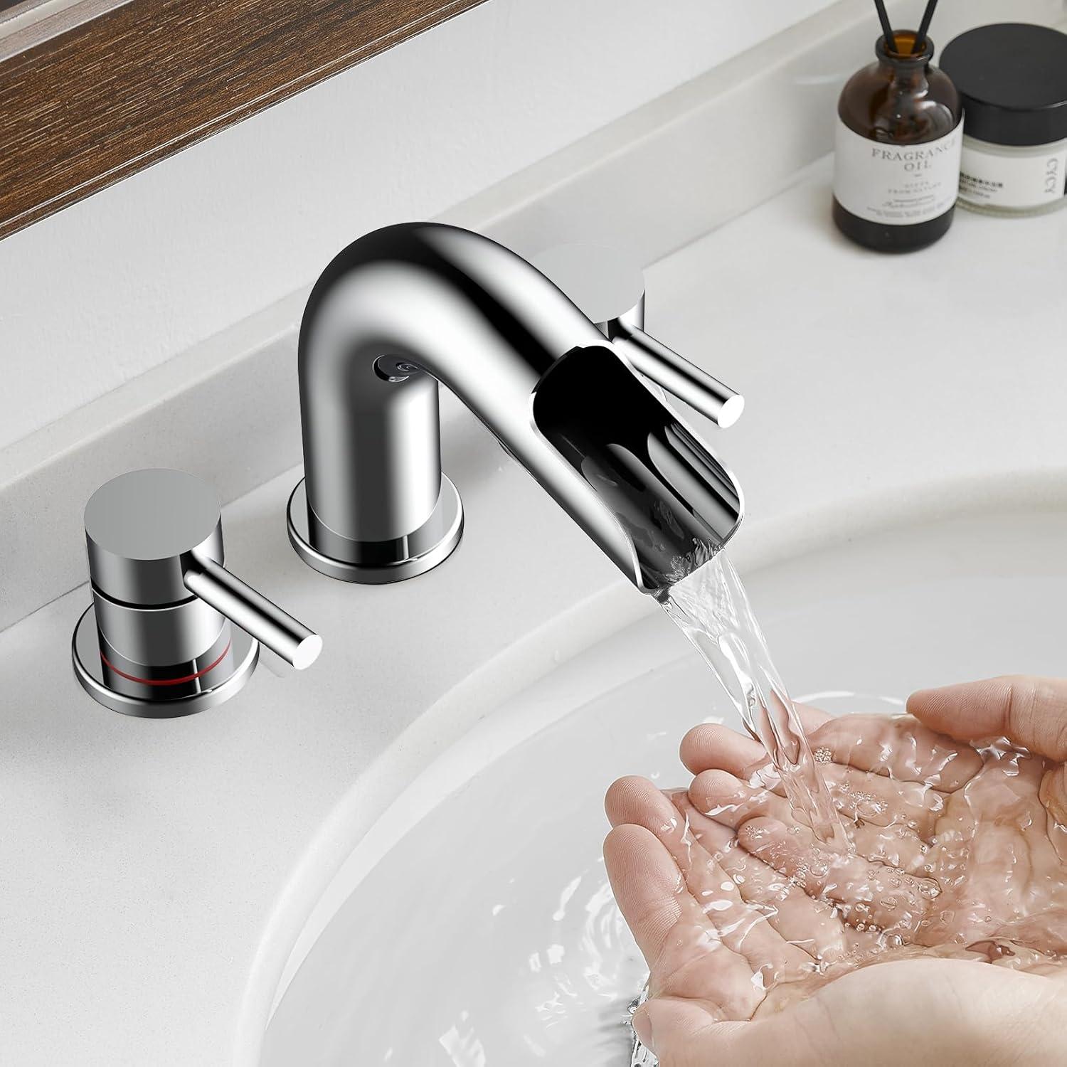 Qomolangma Waterfall Bathroom Faucets 3 Holes 2 Handles - Brushed Gold Bathroom Sink Faucets Widespread with Pop Up Drain, Lavatory Mixer Tap for Bathroom Sink RV Vessel Basin