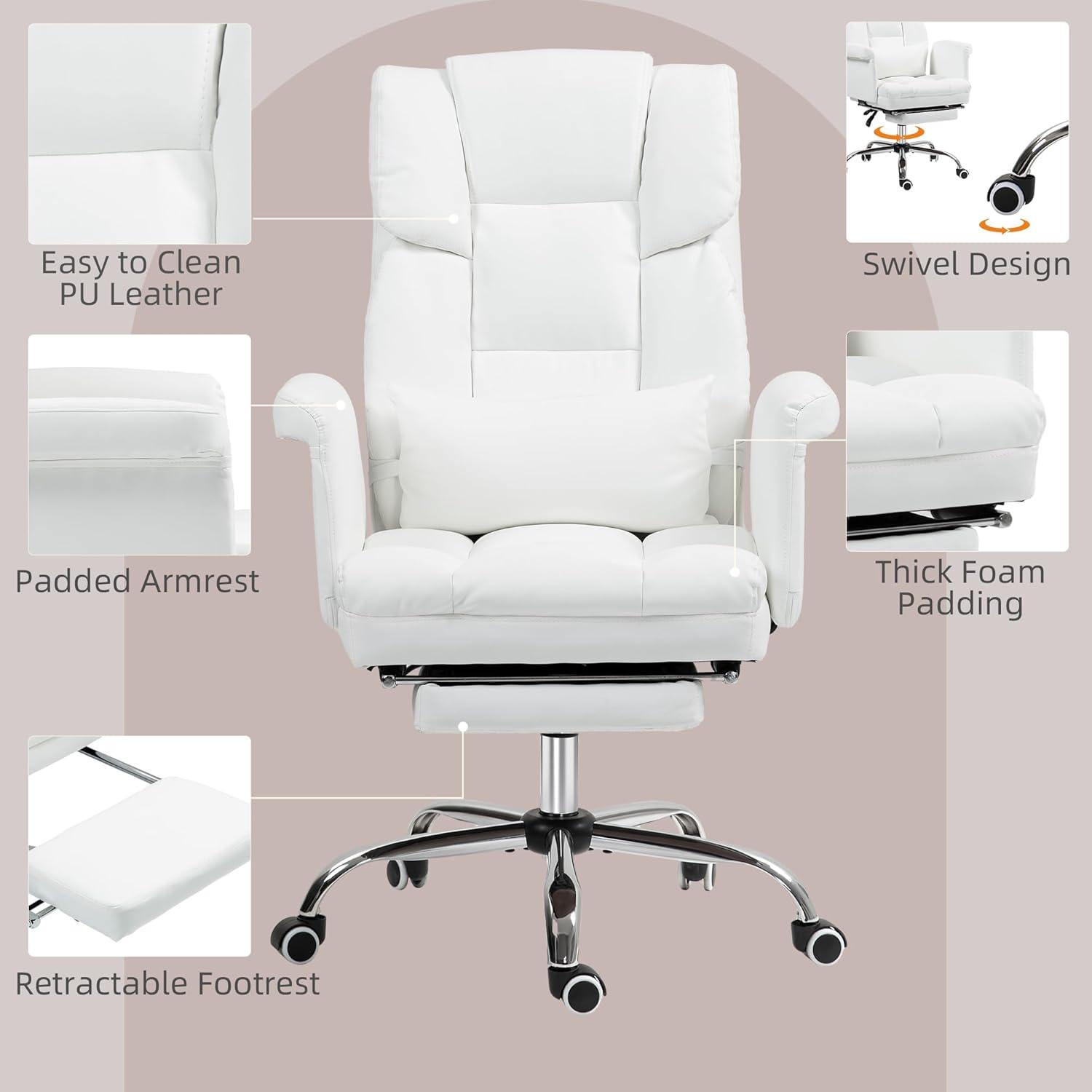 HOMCOM Executive Office Chair with Footrest and Lumbar Support, PU Leather Office Desk Chair, Ergonomic, Reclining and Swivel Chair, White