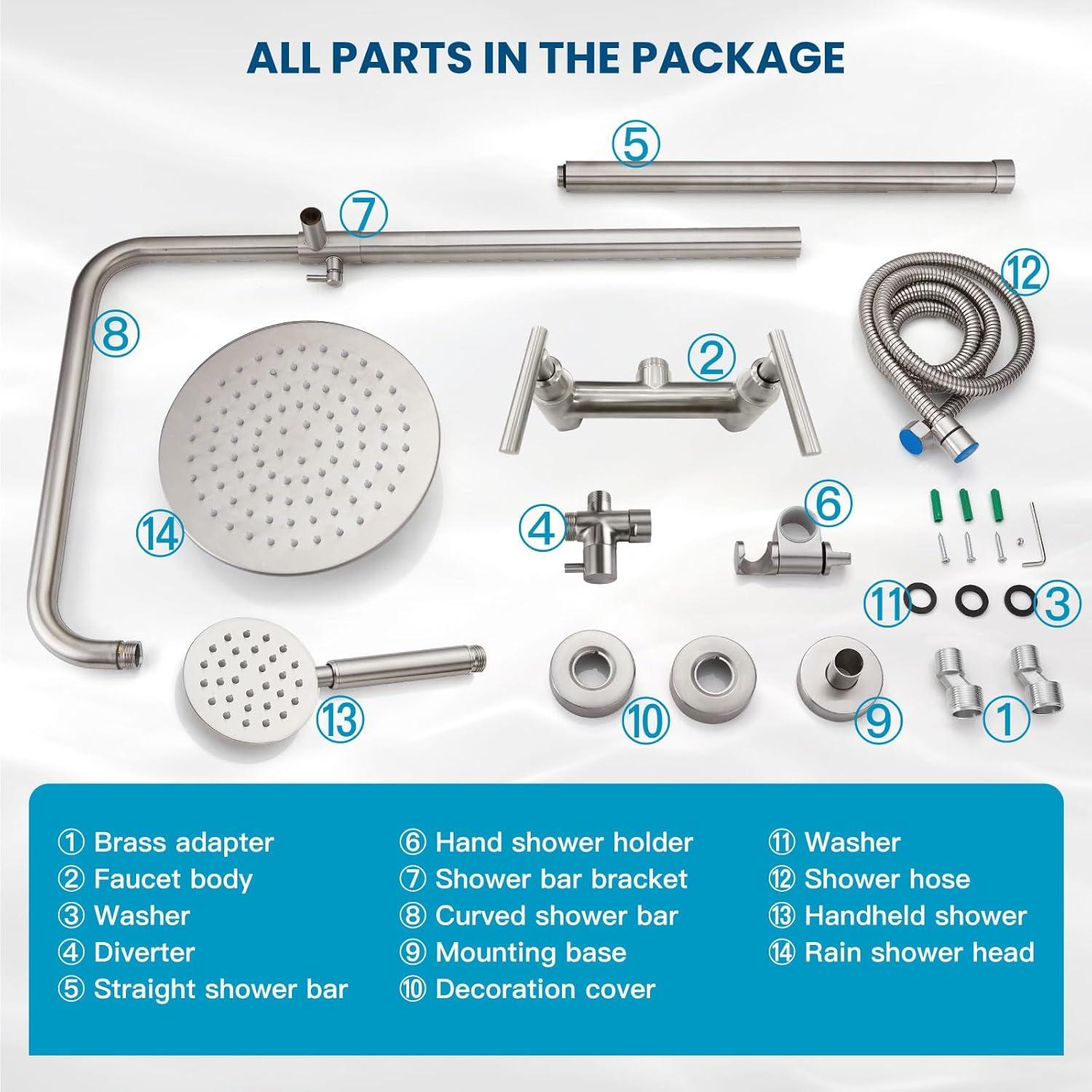 gotonovo SUS304 Outdoor Shower Fixture High Pressure Shower System Combo Wall Mount 2 Dual Function Shower Faucet Set Round Handheld Spray Brushed Nickel Single Handle