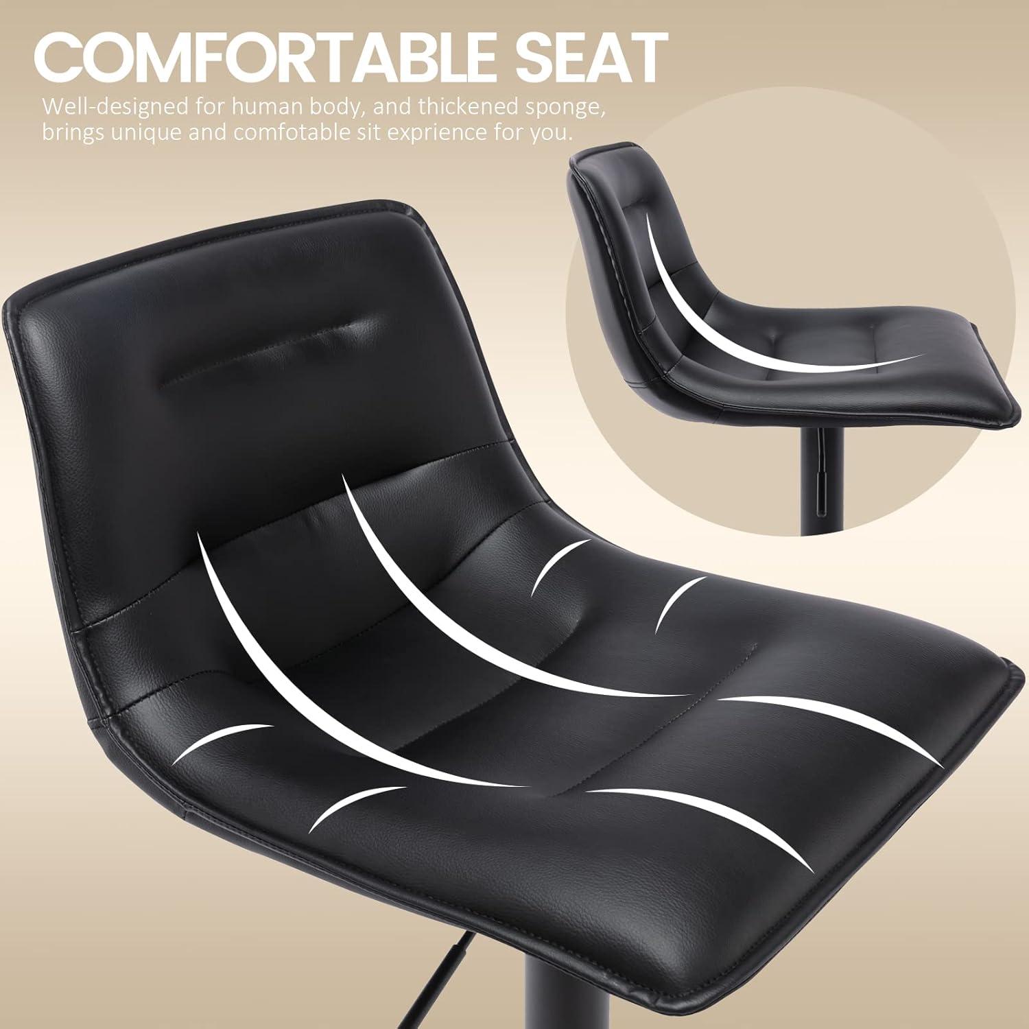 Brage Living Adjustable Bar Stools Set of 2, Modern PU Leather Swivel Counter Height Barstools with Back, Armless Airlift Curved Bar Chairs for Kitchen Dining Cafe (Black, Black Base)