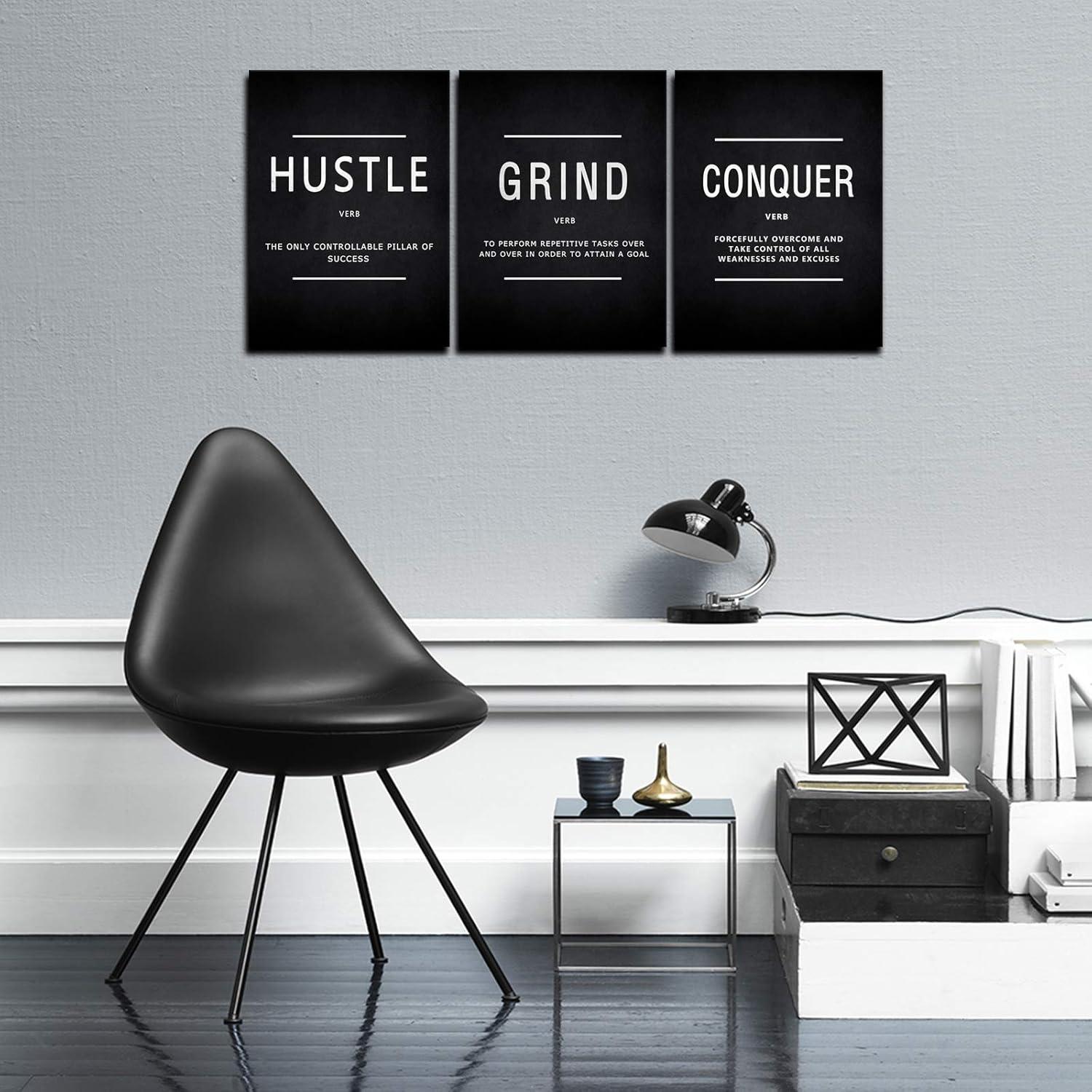 Success Quotes Wall Art, Grind Hustle Conquer Motivation Wall Poster Framed Positive Sayings Wall Hanging Inspirational Quotes for Home Office Workplace - 12x16inx3pcs