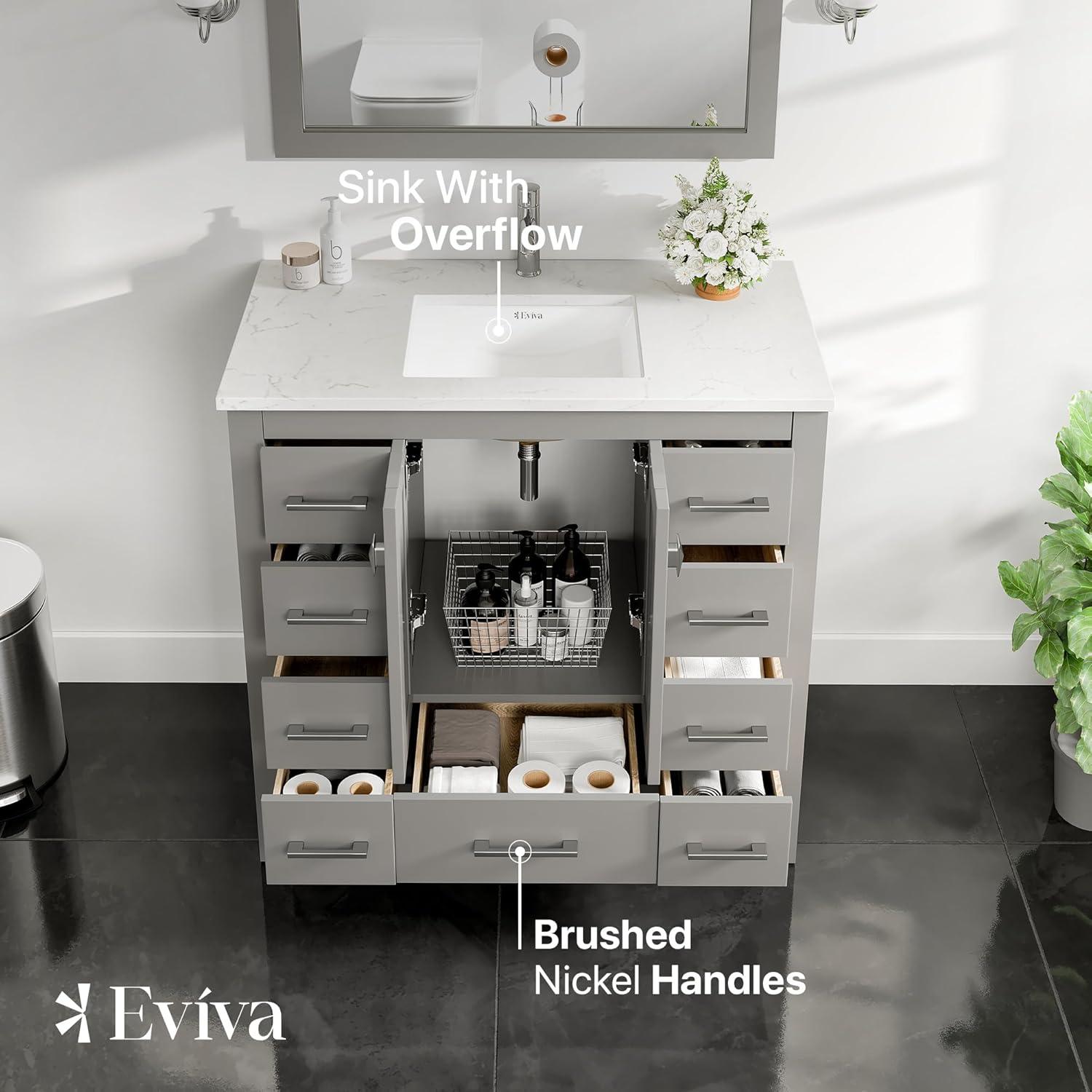 Eviva Hampton 36" Gray Transitional Bathroom Vanity w/ White Carrara Top