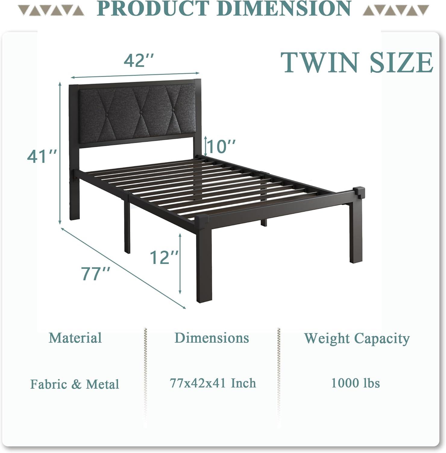 Dark Grey Twin Size Metal Bed Frame with Fabric Tufted Headboard