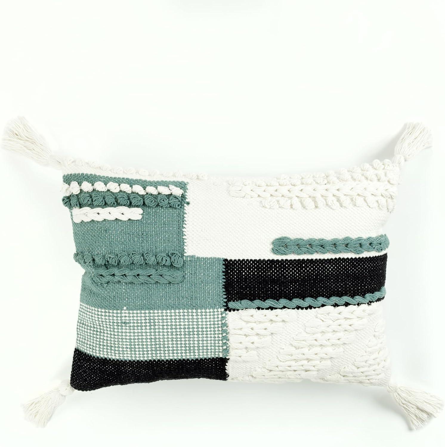 Cotton Embroidered Rectangular Lumbar Pillow with Tassels