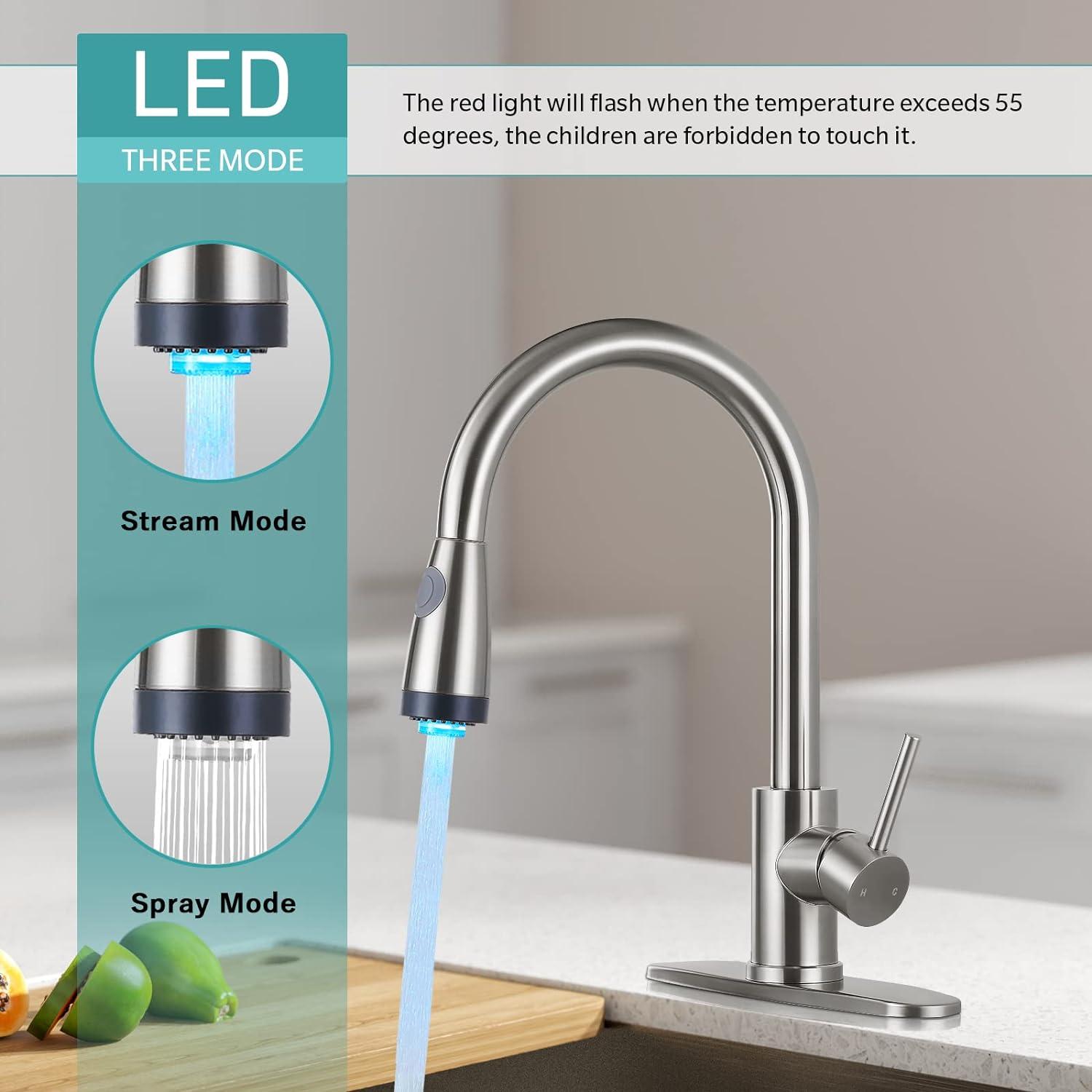 Brushed Nickel High-Arc Kitchen Faucet with LED Pull-Out Spray