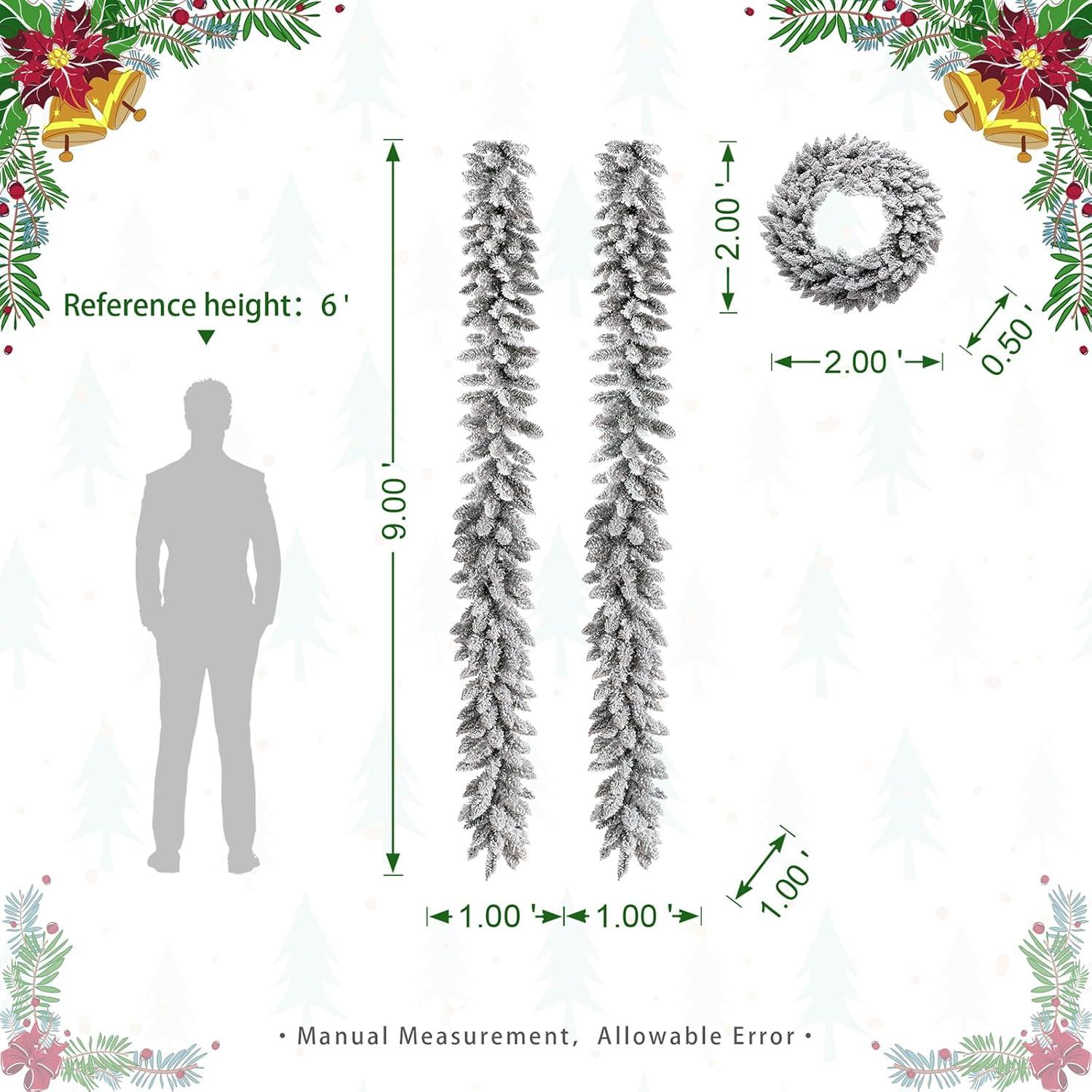 Huge Pre-Lit Artificial Pine Garland and Wreath Set with Snow Flocked Embellishments