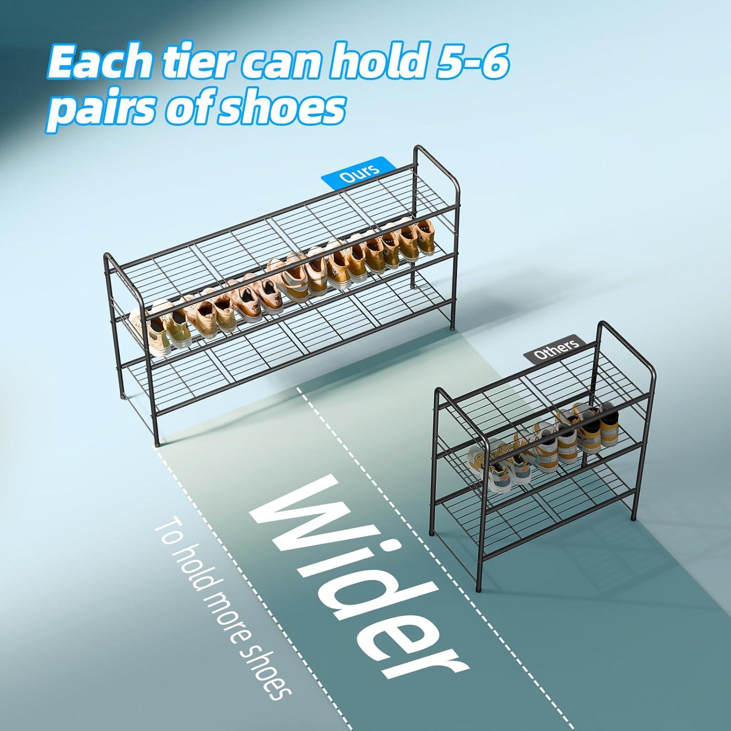 YASONIC Shoe Rack Storage Organizer, 3-Tier Black Shoe Shelf, 24 Pairs, Iron Poles & Plastic Connectors