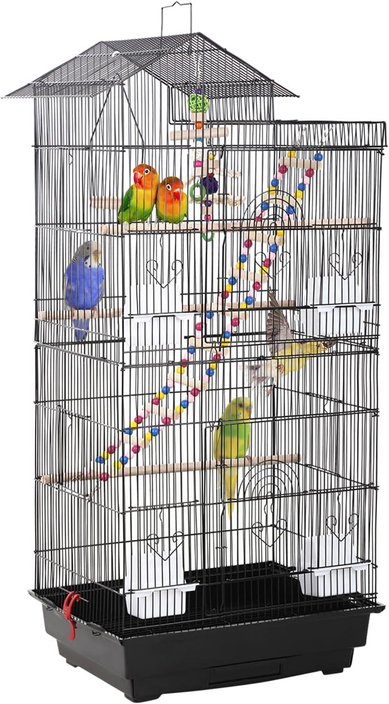 39 Inches Bird Cage Roof Top Large Flight Parrot Bird Cage with Toys for Medium Small Birds, Lovebirds, Finch, Cockatiel Parakeets, Parrot, Iron Bird Cage, Black, 17x14x39 Inch (Pack of 1)