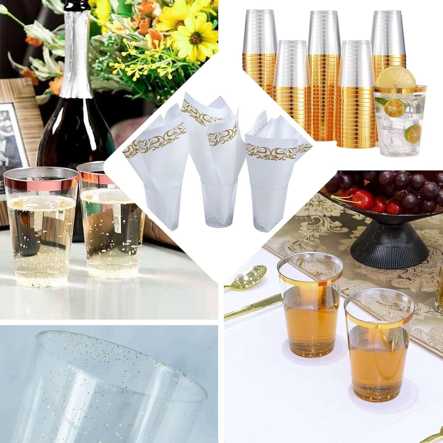 Efavormart 25 Pack Gold 10oz Crystal Collection Disposable Plastic Cups for Wedding, Party, Banquet, Home, Picnic, Outdoor Dinnerware, Bar, Nightclub, Liquors, Champagne, Desserts, Cocktails