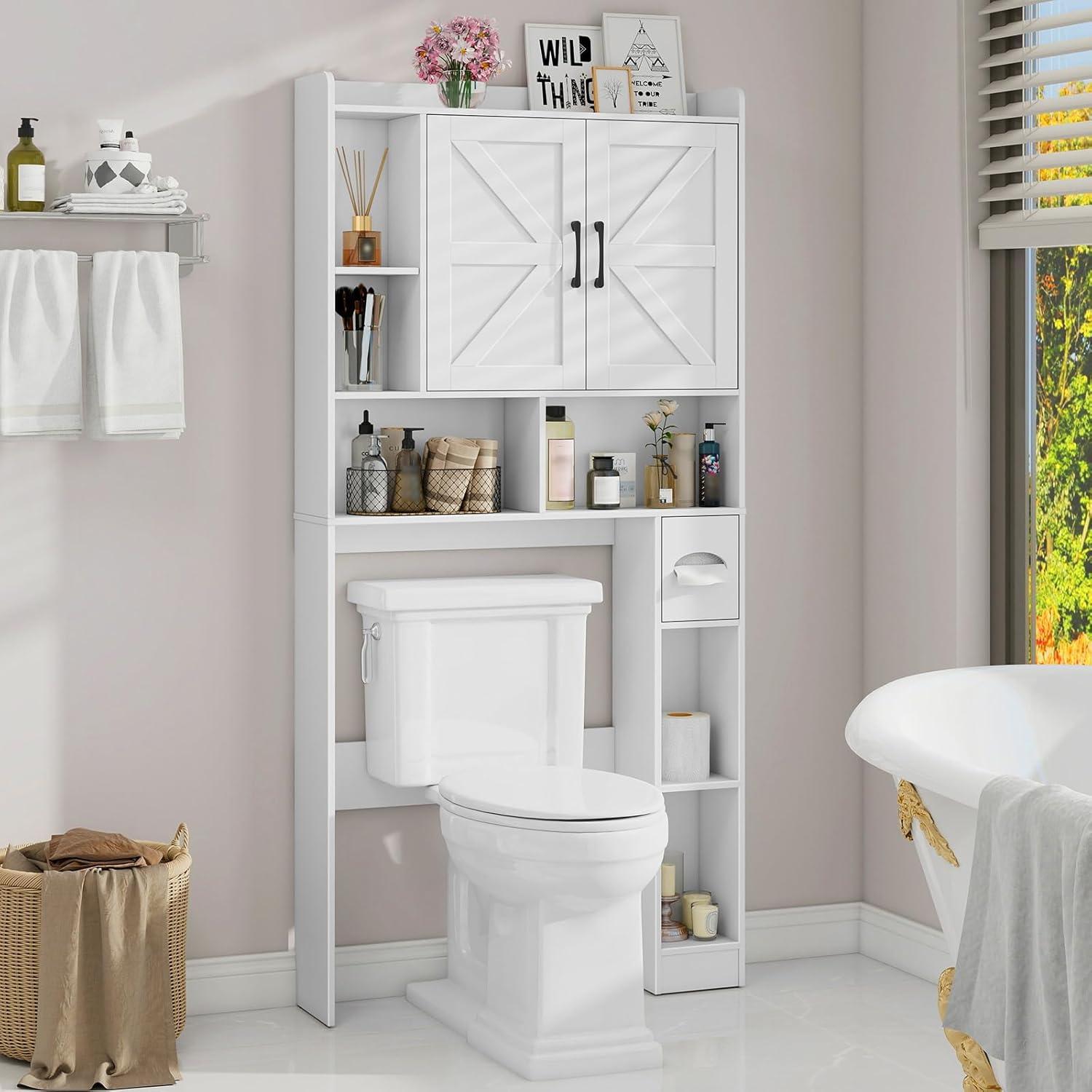 Over The Toilet Storage Cabinet, Farmhouse Storage Cabinet Over Toilet with Sliding Barn Door & Toilet Paper Holder Stand，Home Space-Saving Toilet Rack, for Bathroom, Restroom, Laundry（White）