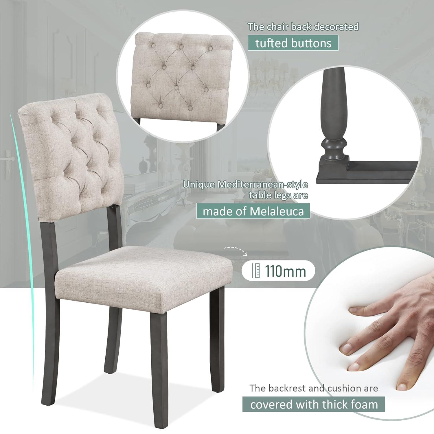 Kitchen Dining Set for 6, Retro Style Rectangular Wood Table and 4 Chairs 1 Bench with Special-Shaped Legs and Foam-Covered Seat Backs&Cushions for Family,(6 Pieces,Grey)