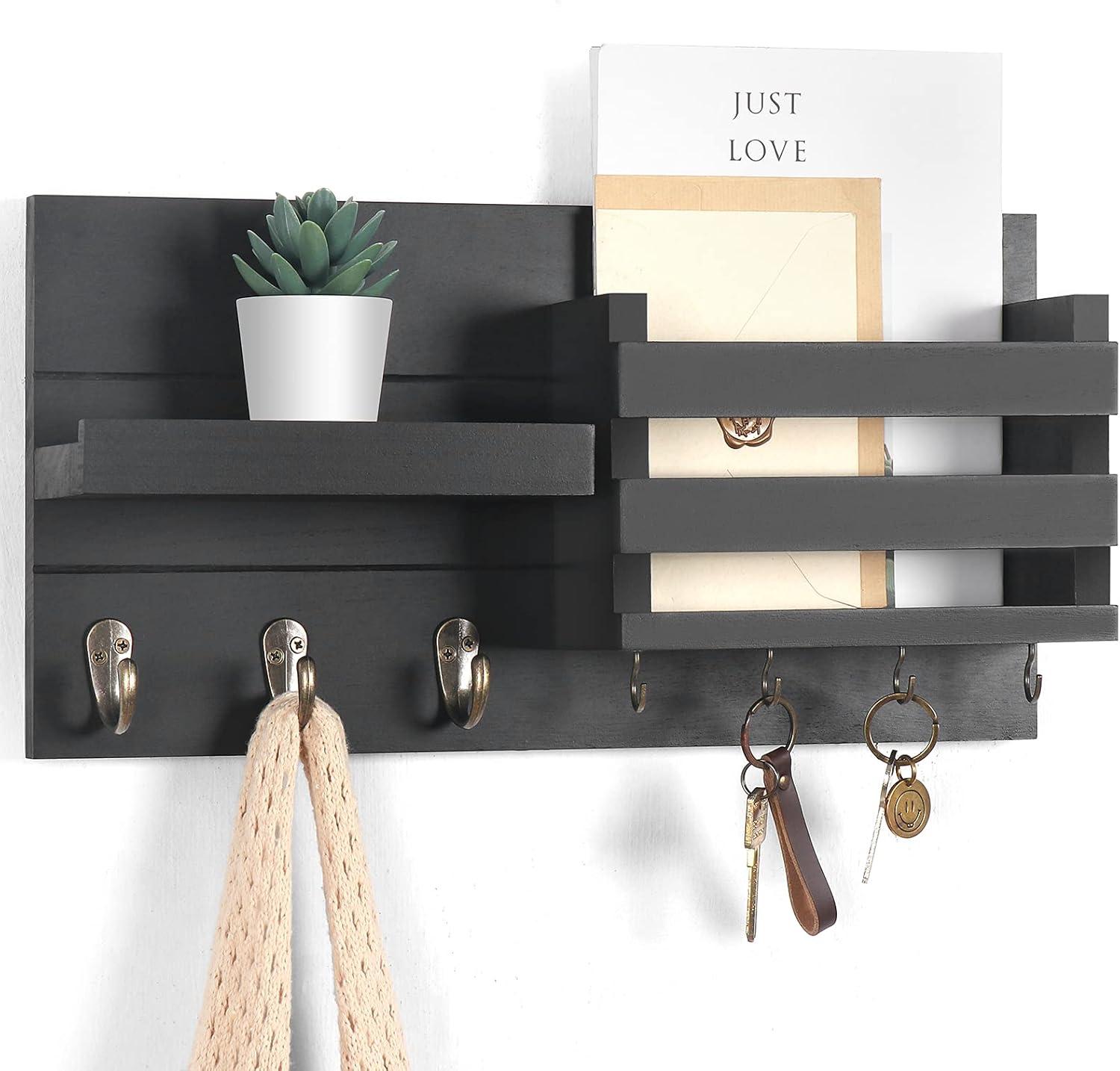 Black Wooden Wall Mount Mail Organizer with Key Hooks and Shelf