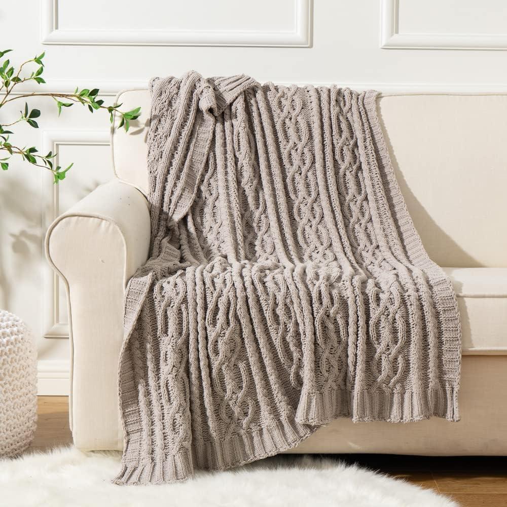 Battilo Light Grey Knit Throw Blanket, Woven Chenille Throw Blankets,Decorative Couch Blanket, Christmas Decor,51"x67"