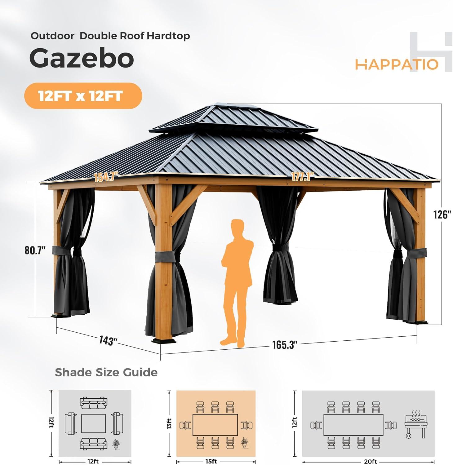 13' x 15' Black Metal Roof Wood Patio Gazebo with Curtains