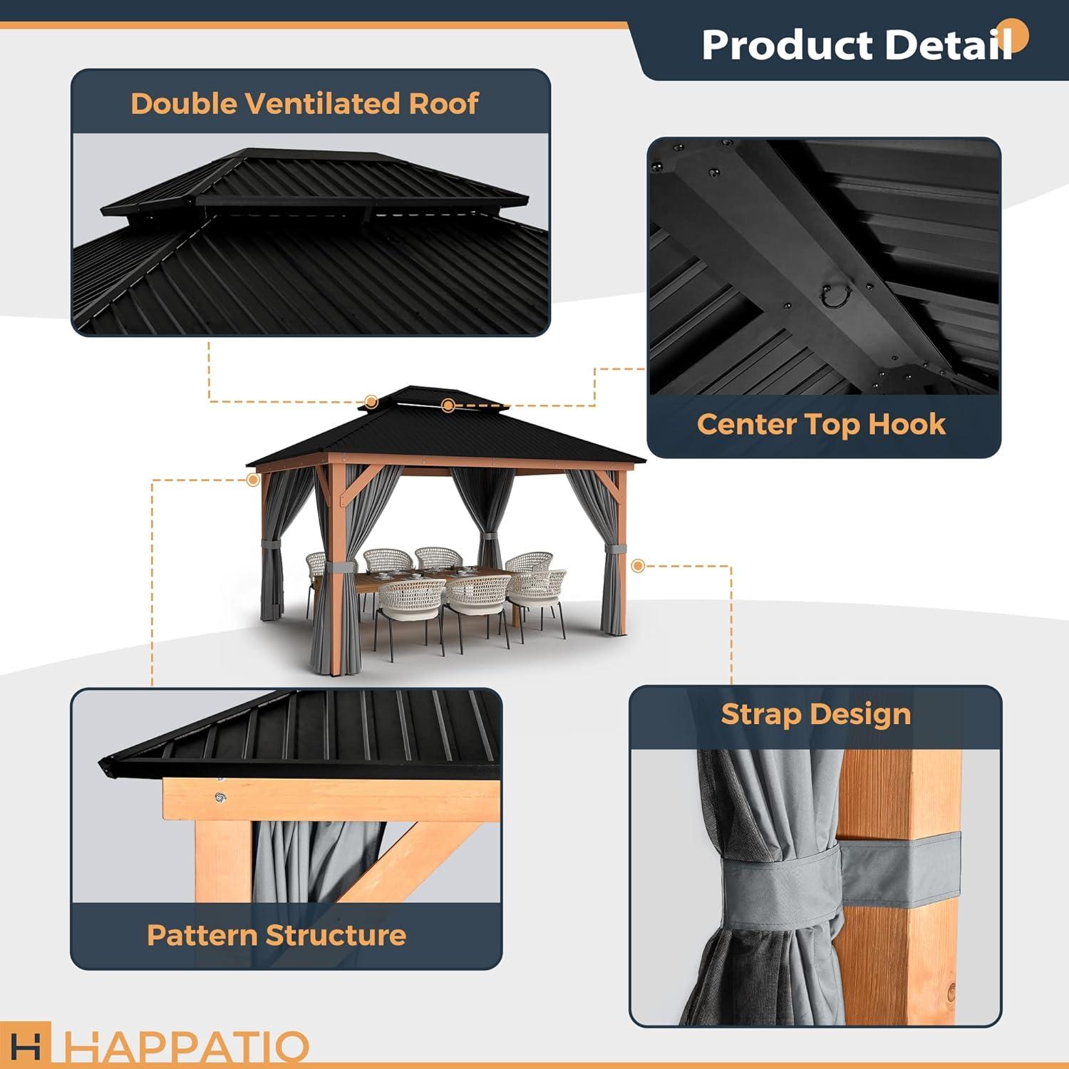 11' x 13' Wooden Patio Gazebo with Black Metal Roof and Gray Curtains