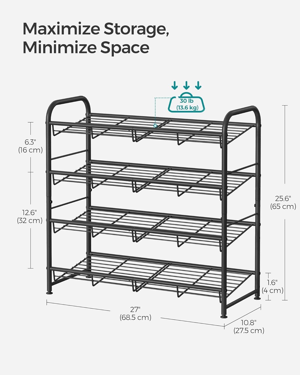 SONGMICS 4 Tier Shoe Rack Metal Stackable Shoes Rack Storage Shelf Holds up to 20 Pairs Shoes Adjustable Slanted Shelves Shoe Tower Organizer for Closet Entryway Small Spaces Black