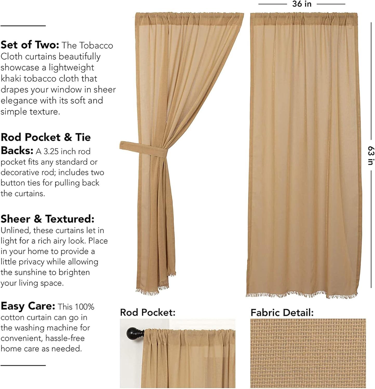 VHC Brands Tobacco Cloth Cotton Farmhouse Curtains Panel Set, Khaki Tan