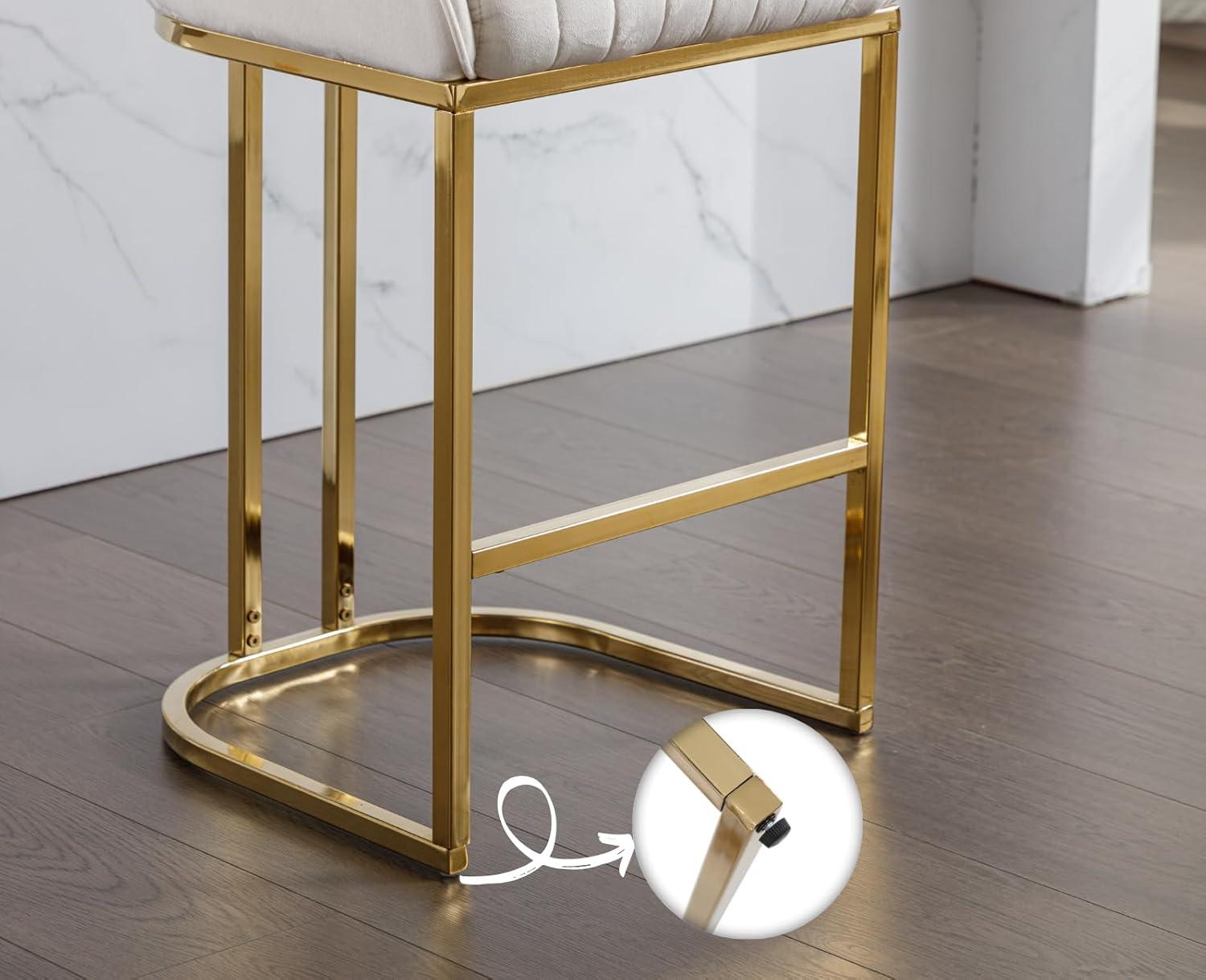 Counter Height Stools Set of 2, Velvet Bar Stools with 27 Inches Upholstered Seat Height, Handmade Woven Back Armrest, Sturdy Golden Metal Legs for Home Dining Pub Kitchen Island, Beige