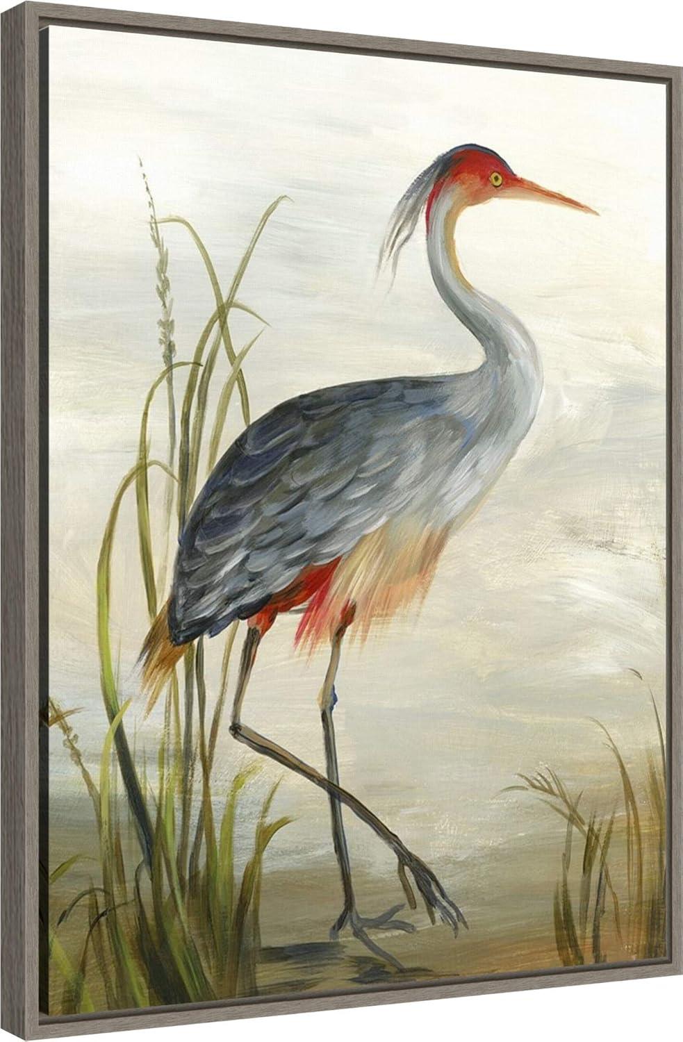 Grey Heron Framed Canvas Wall Art with Graywash Frame