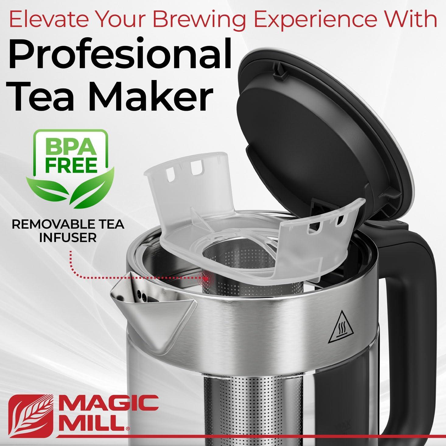 Magic Mill Pro Electric Kettle with Tea Infuser and Temperature Control - Keep Warm Function, Rapid Boil, Automatic Safety Shut Off, BPA Free, No Plastic on Water, British Patent Technology, 1.7L