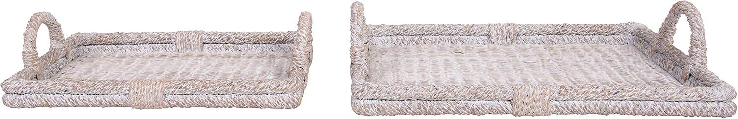 Creative Co-Op Decorative Rattan Trays with Handles & Whitewashed Finish (Set of 2 Sizes)