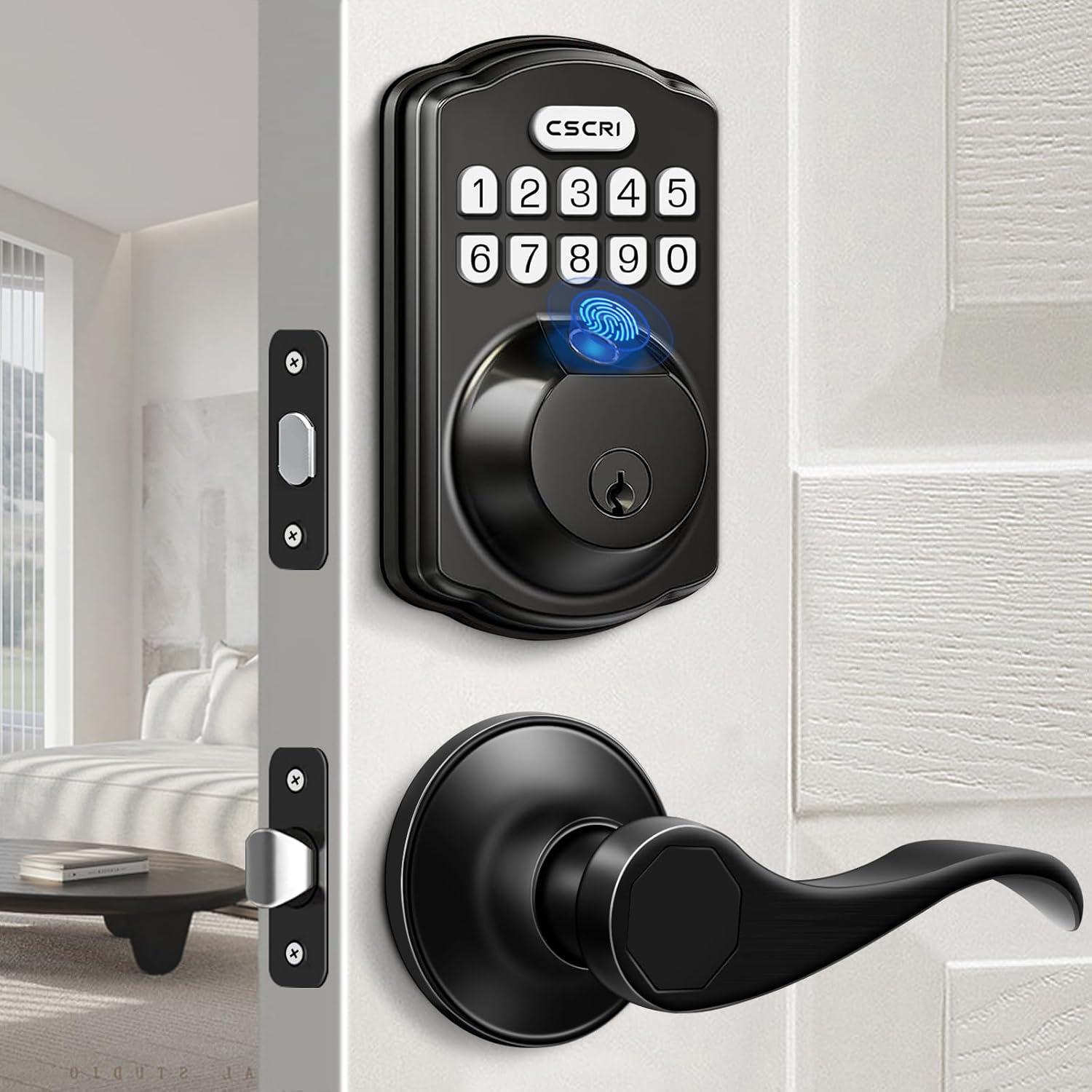 TEEHO Fingerprint Keyless Entry Door Lock, Electronic Smart Deadbolt with 2 Handles Knobs, Digital Doors Lock with Keypad Set, Easy Installation-Matte Black