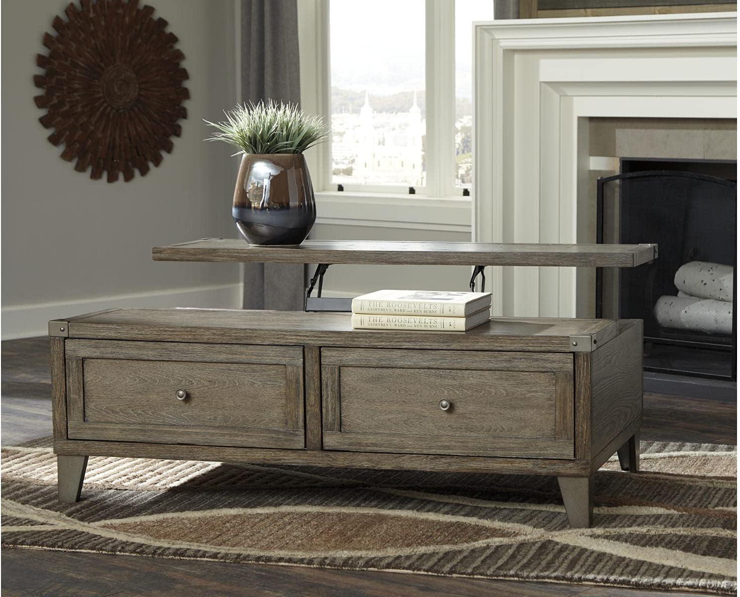 Modern Farmhouse 54'' Brown Wood & Silver Metal Lift-Top Coffee Table with Storage