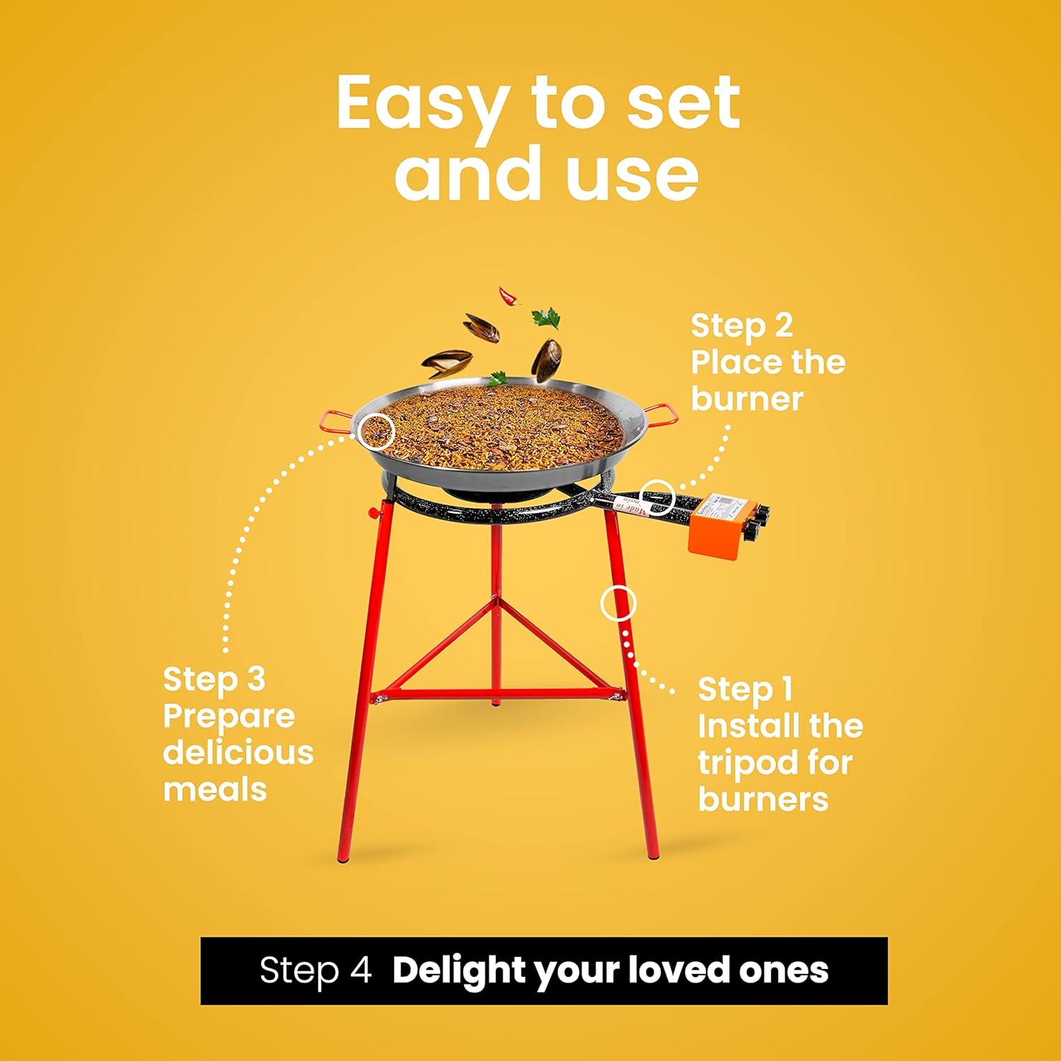 Machika Paella Pan Set with Burner Carbon Steel Outdoor Pan and Legs Manufactured by Garcima (Tabarca I 14 Servings)