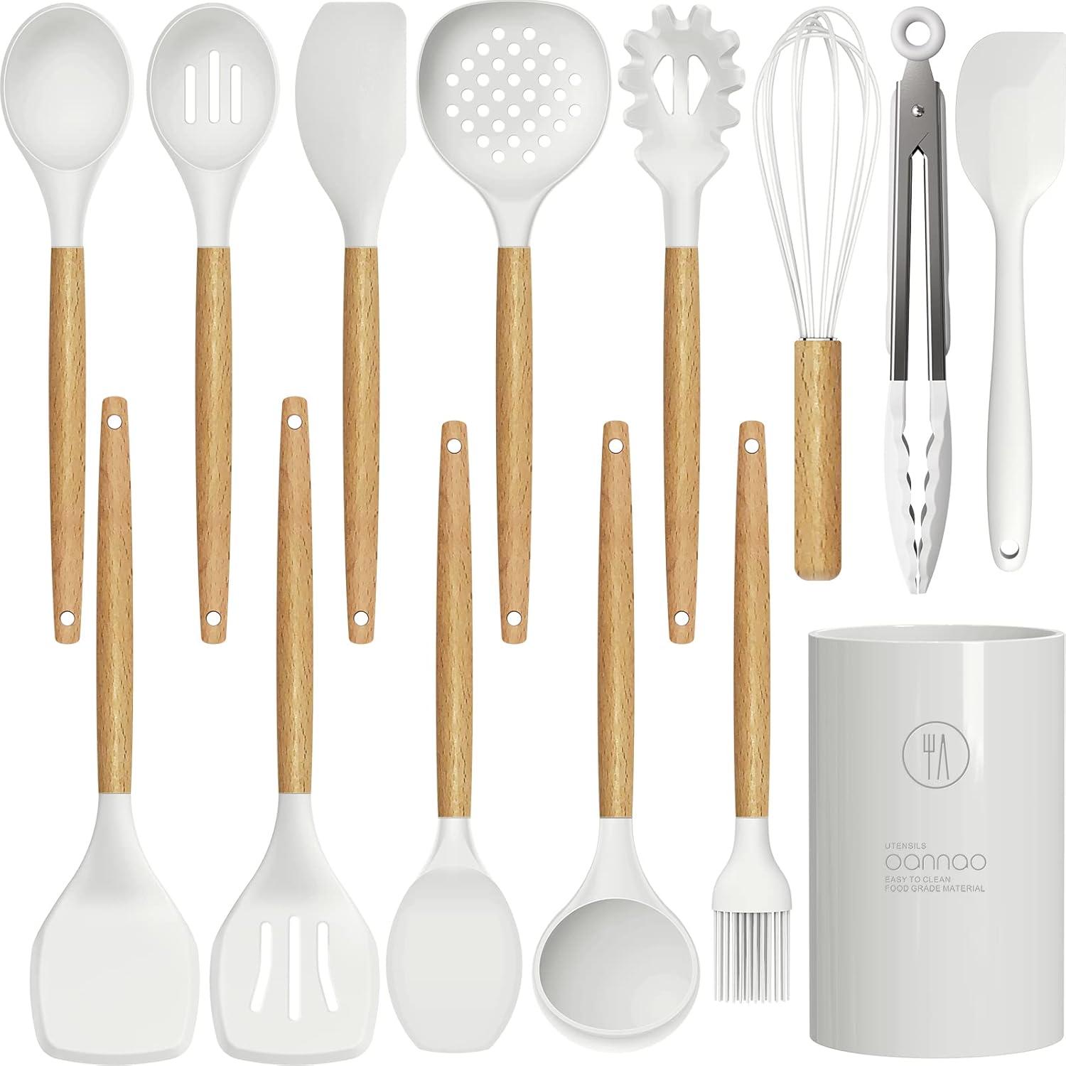 Colorful Silicone and Wood 14-Piece Cooking Utensil Set