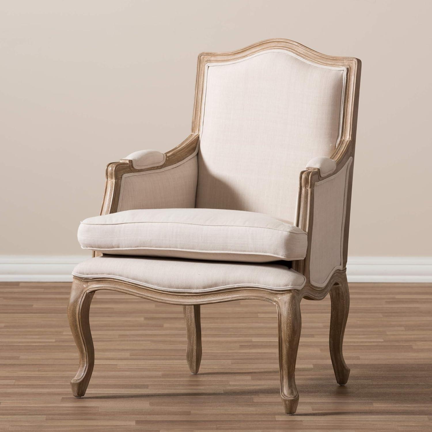 Beige Linen and Distressed Wood French Accent Chair