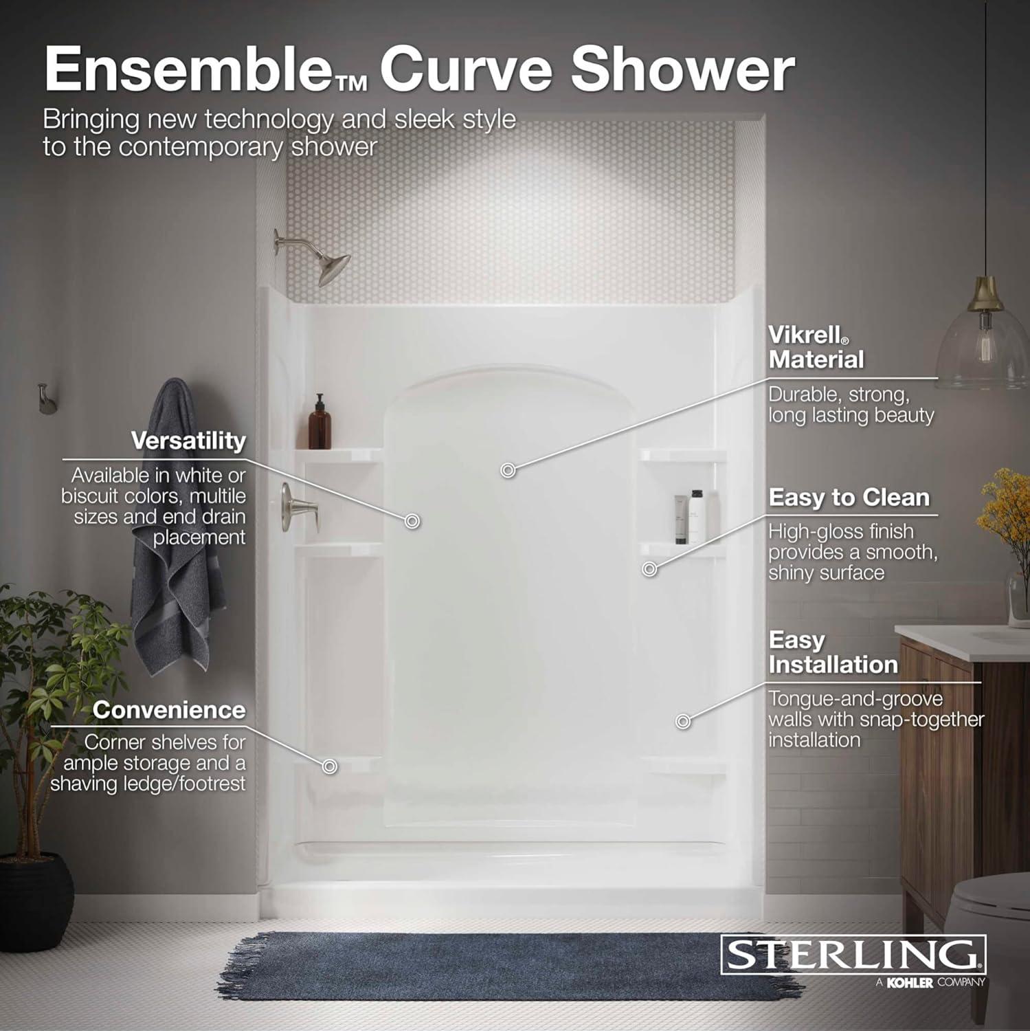 Ensemble Curve 34 in. x 42 in. x 77 in. Shower Wall and Base Kit with Center Drain in White