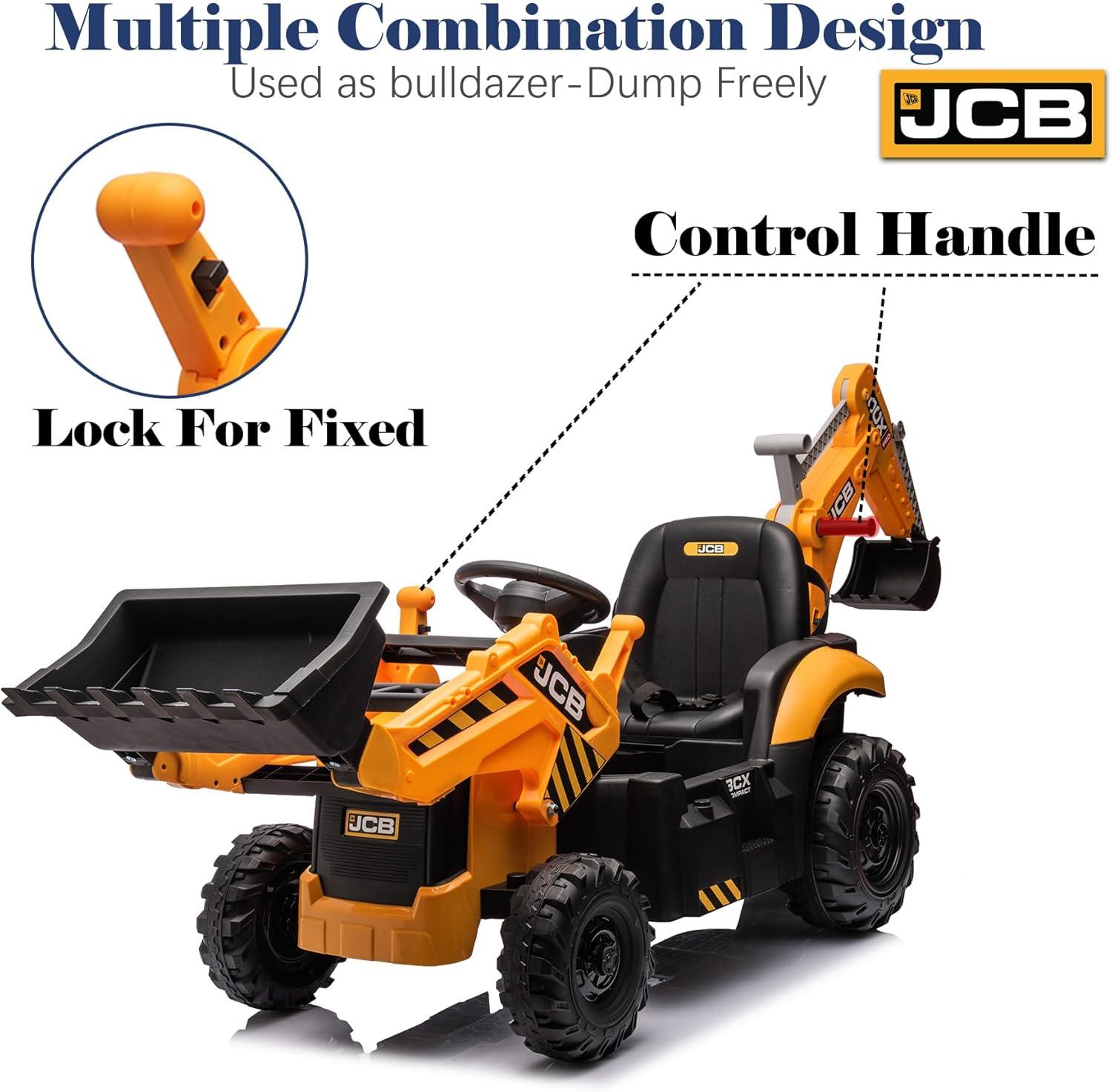 24V JCB Ride on Excavator Toy, 3 in 1 Ride on Tractor Truck with Remote Control, Battery Powered Ride on Bulldozer Kids Electric Vehicles with Front Loader Bulldozer, Digger, Adjustable Seat, Yellow