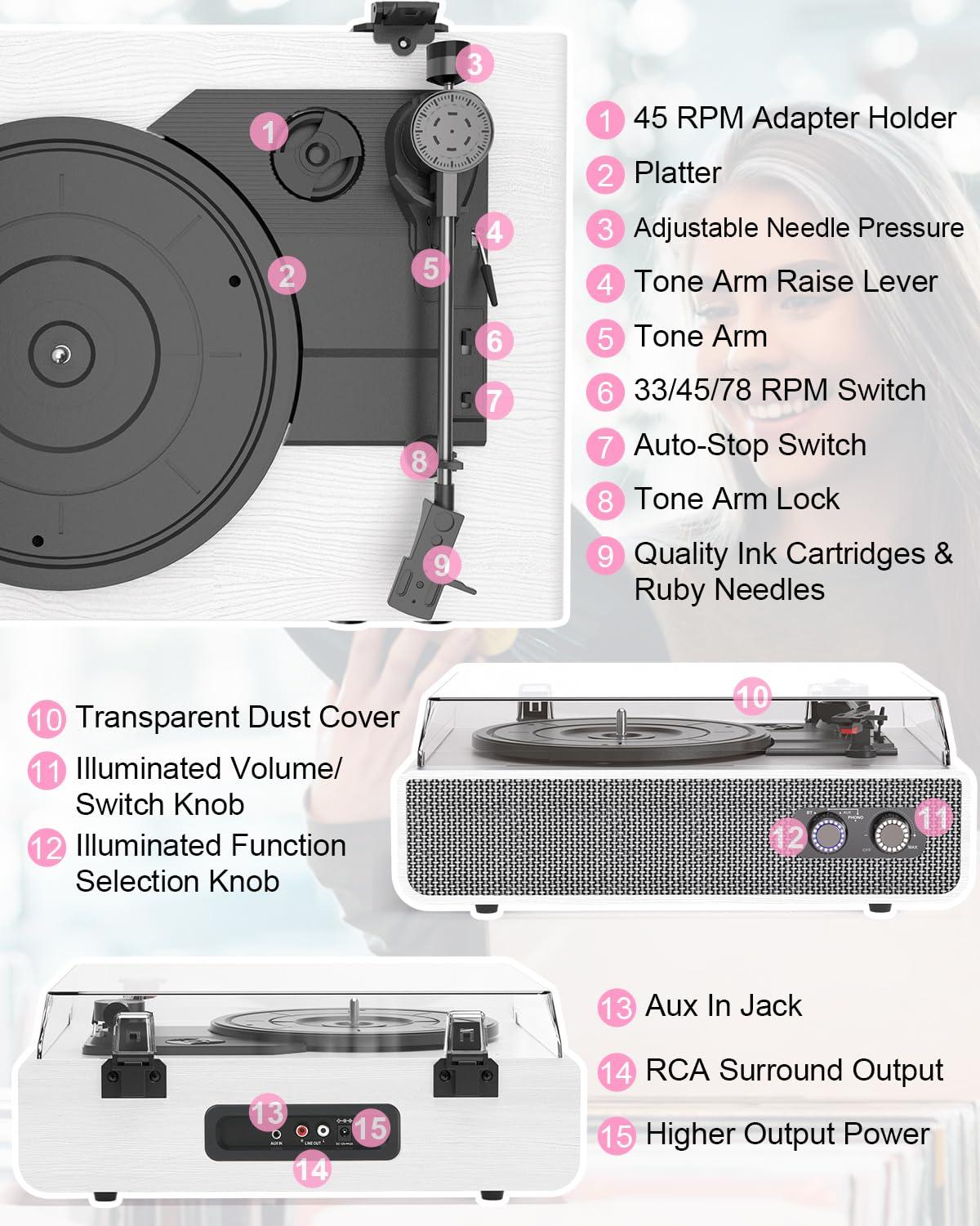 Vinyl Record Player with Upgraded Built-in Speakers, 3-Speed Belt-Driven Bluetooth Turntable for Vinyl Records, White Wood Grain Vintage Phonograph with RCA Out & AUX in, Auto Stop, MDF Cabinet