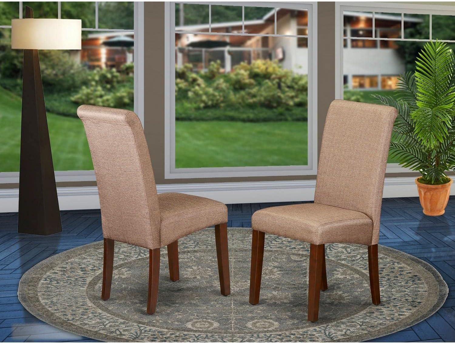 Elegant Brown Linen and Mahogany Wood High Parsons Side Chair