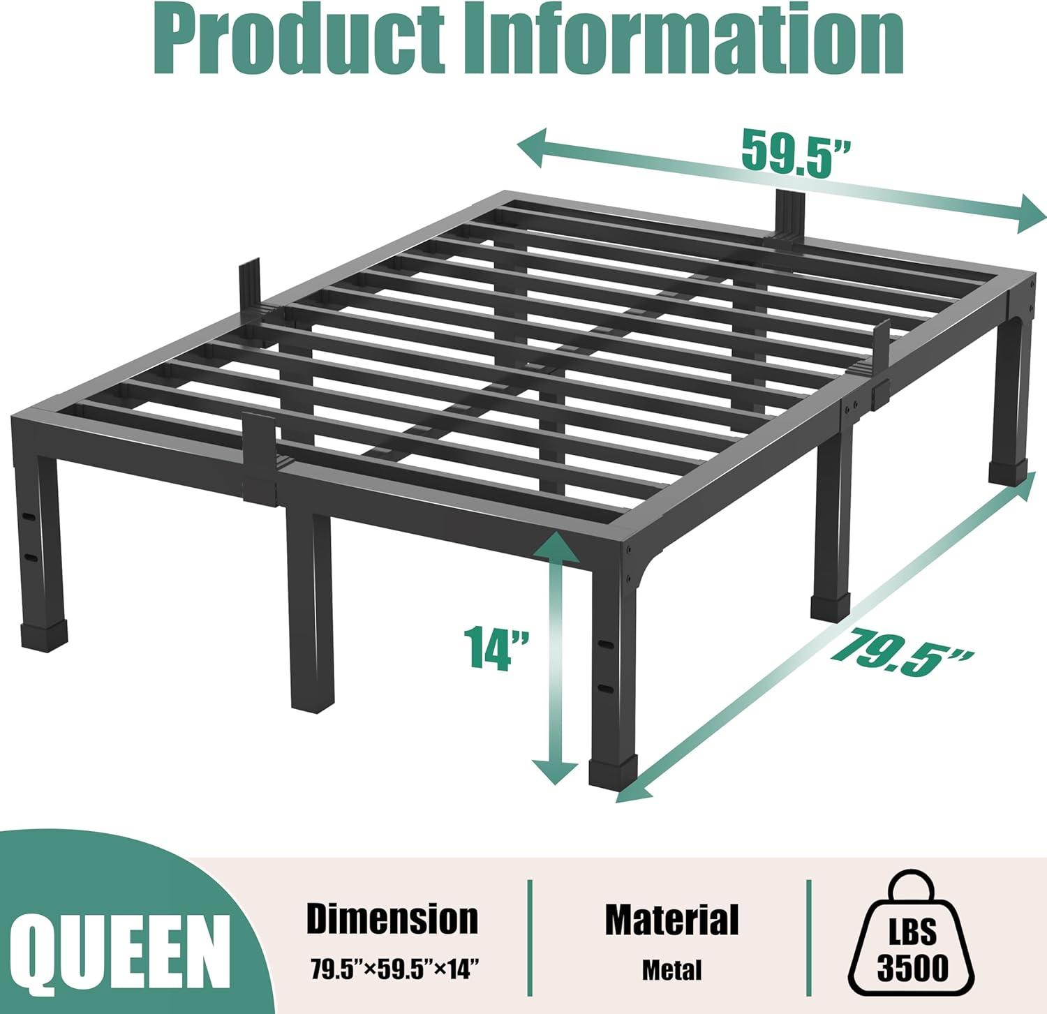 14 Inch Queen Size Bed Frame,3500 lbs Heavy Duty Metal Platform, Mattress Foundation with Steel Slat Support/No Box Spring Needed/Noise Free/Non-Slip/Easy Assembly