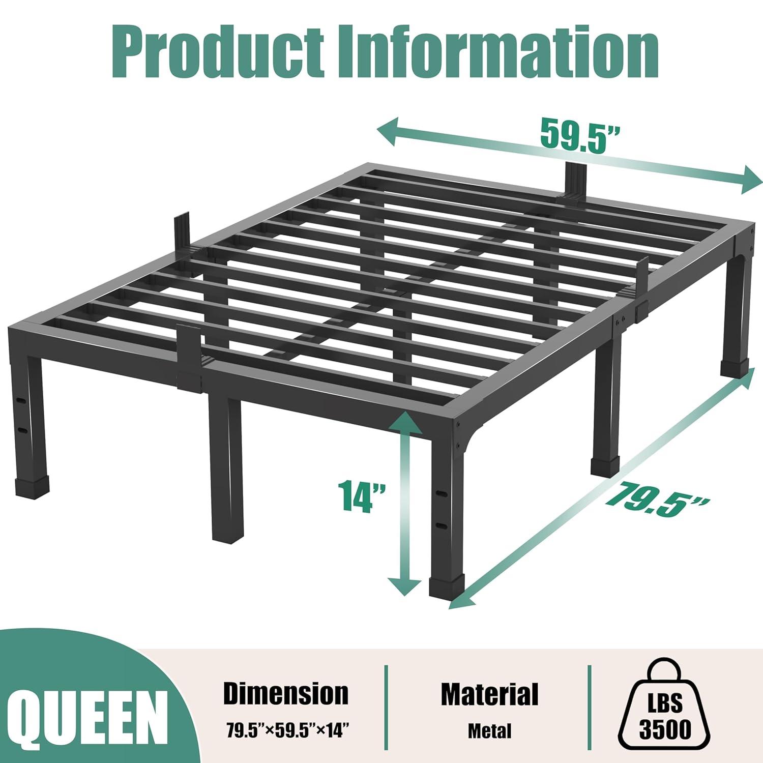 14 Inch Queen Size Bed Frame,3500 lbs Heavy Duty Metal Platform, Mattress Foundation with Steel Slat Support/No Box Spring Needed/Noise Free/Non-Slip/Easy Assembly