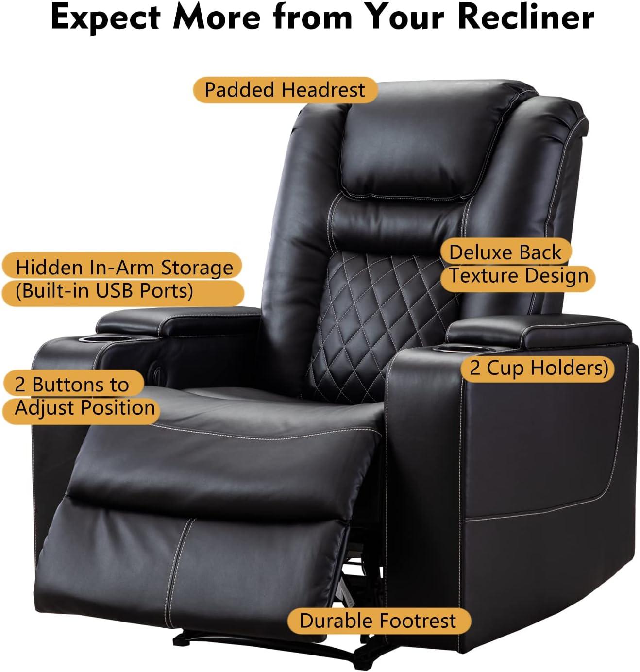 Bonzy Home Power Electric Recliner Chair with USB Ports and Cup Holders Leather Home Theater Seating, Living Room Chair Black