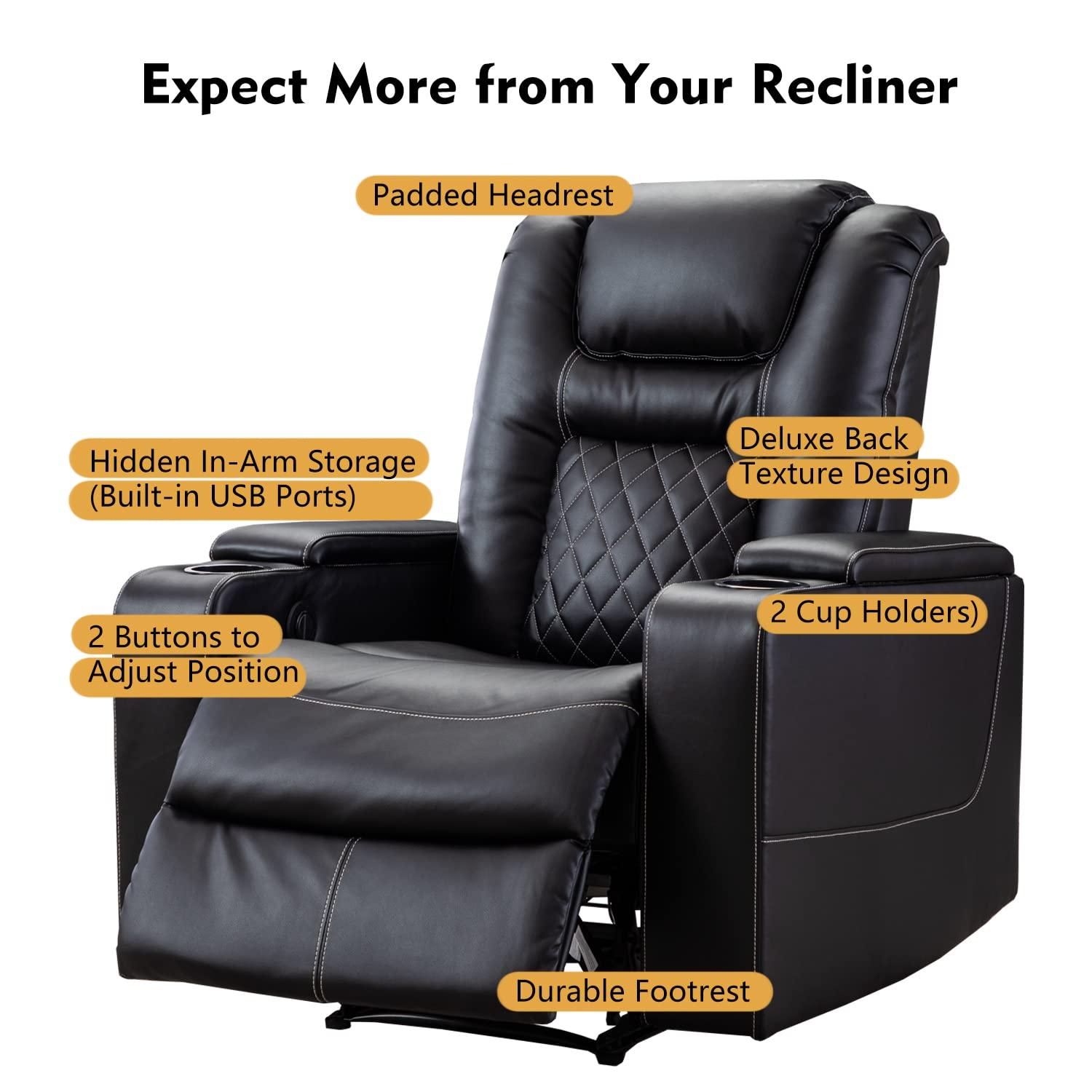 Bonzy Home Power Electric Recliner Chair with USB Ports and Cup Holders Leather Home Theater Seating, Living Room Chair Black