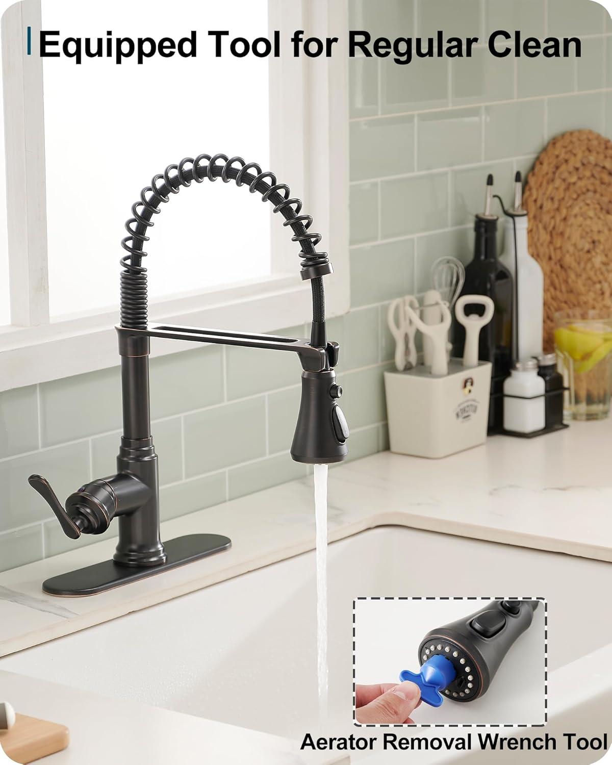 FORIOUS Rustic Kitchen Faucet with Pull Down Sprayer Oil Rubbed Brown, 3 Modes Stainless Steel High Arc Vintage Spring Sink Faucet 1 or 3 Holes for Pot Filler, Farmhouse Camper Wet Bar